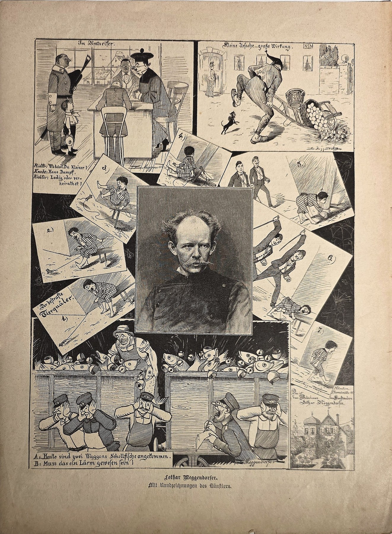 Illustrationsblatt mit Porträt und zahlreichen Szenen