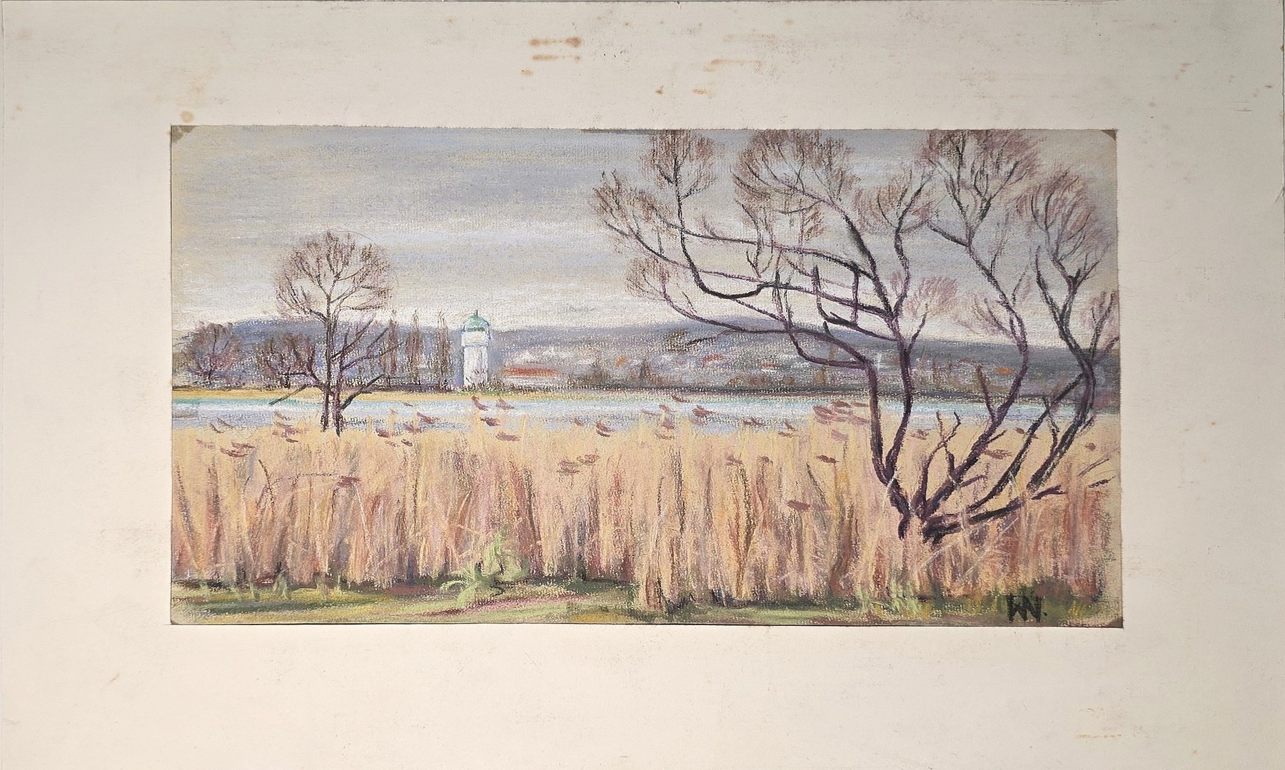 Aquarell mit Schilflandschaft und kahlen Bäumen
