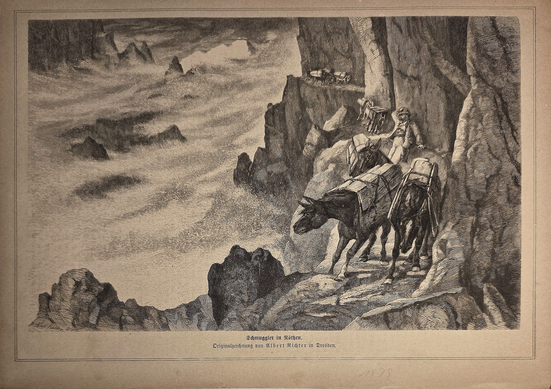 Historische figürliche Darstellung – Reiter in felsiger Schlucht
