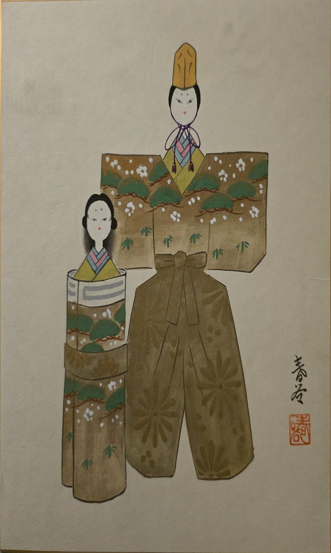 Farbig akzentuierte Grafik mit zwei asiatisch gekleideten Figuren
