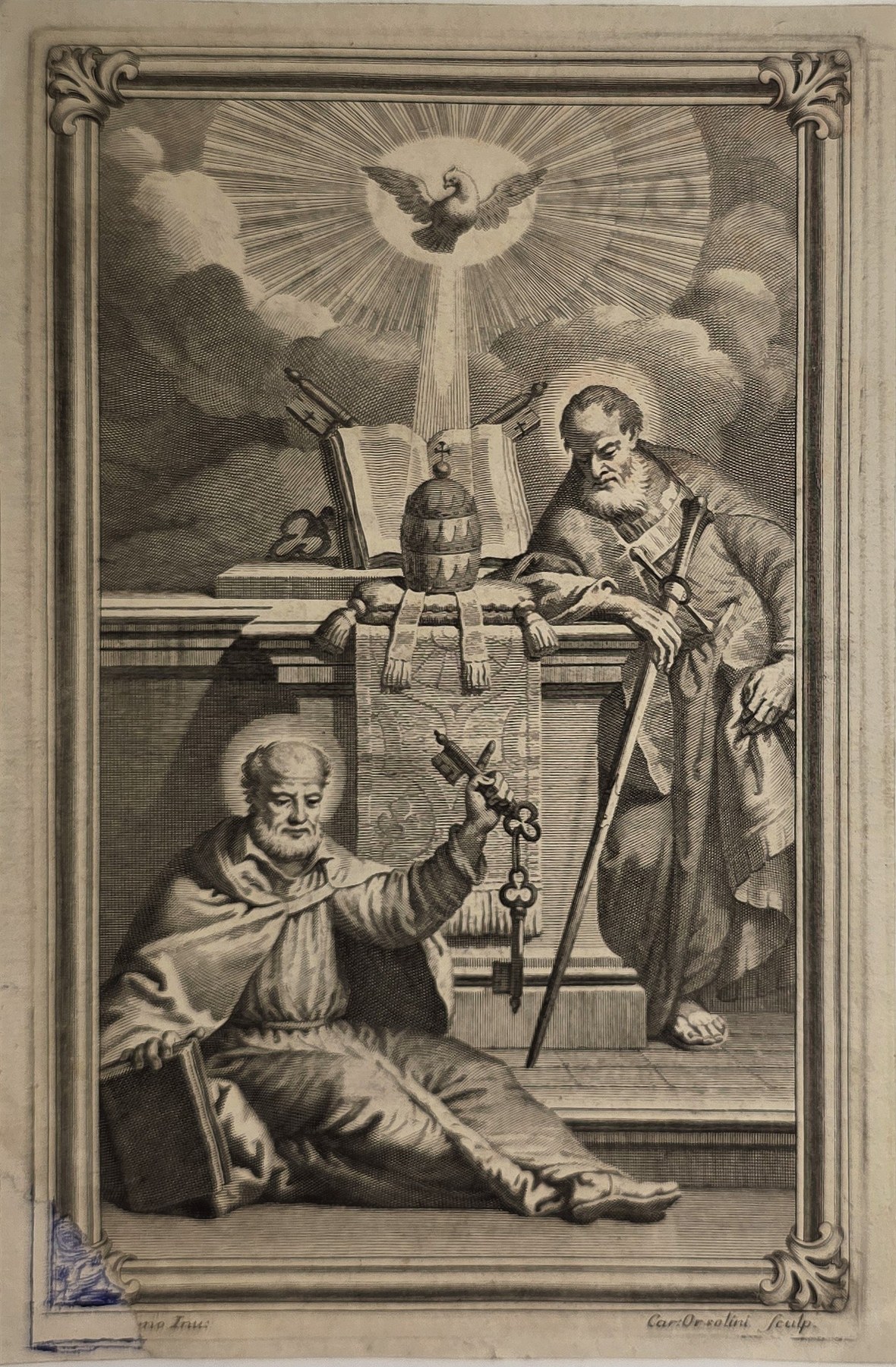 Religiöse Szene mit Taube, Altar und kniender Figur