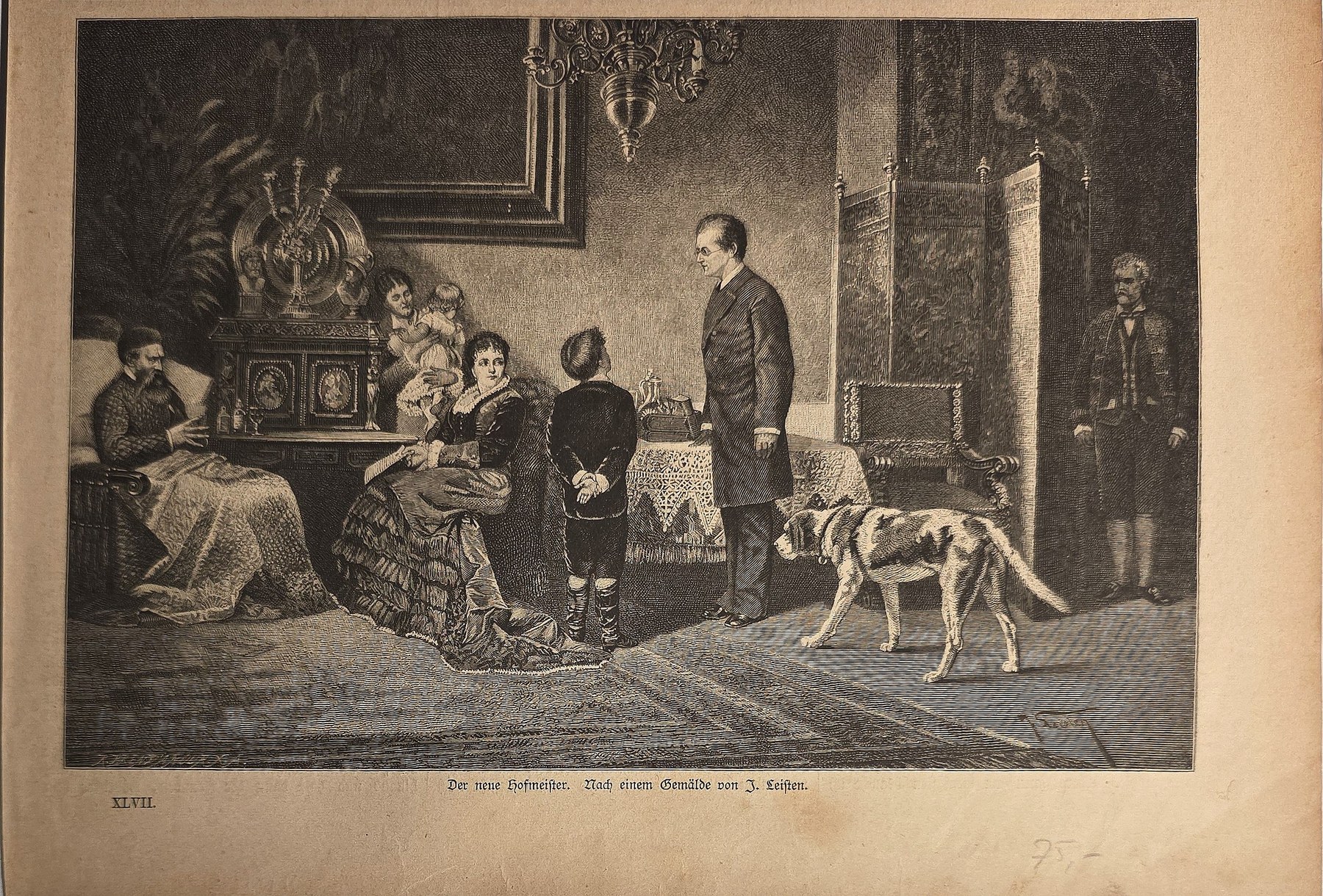 Historische figürliche Darstellung – Familiengesellschaft mit Hund im bürgerlichen Zimmer