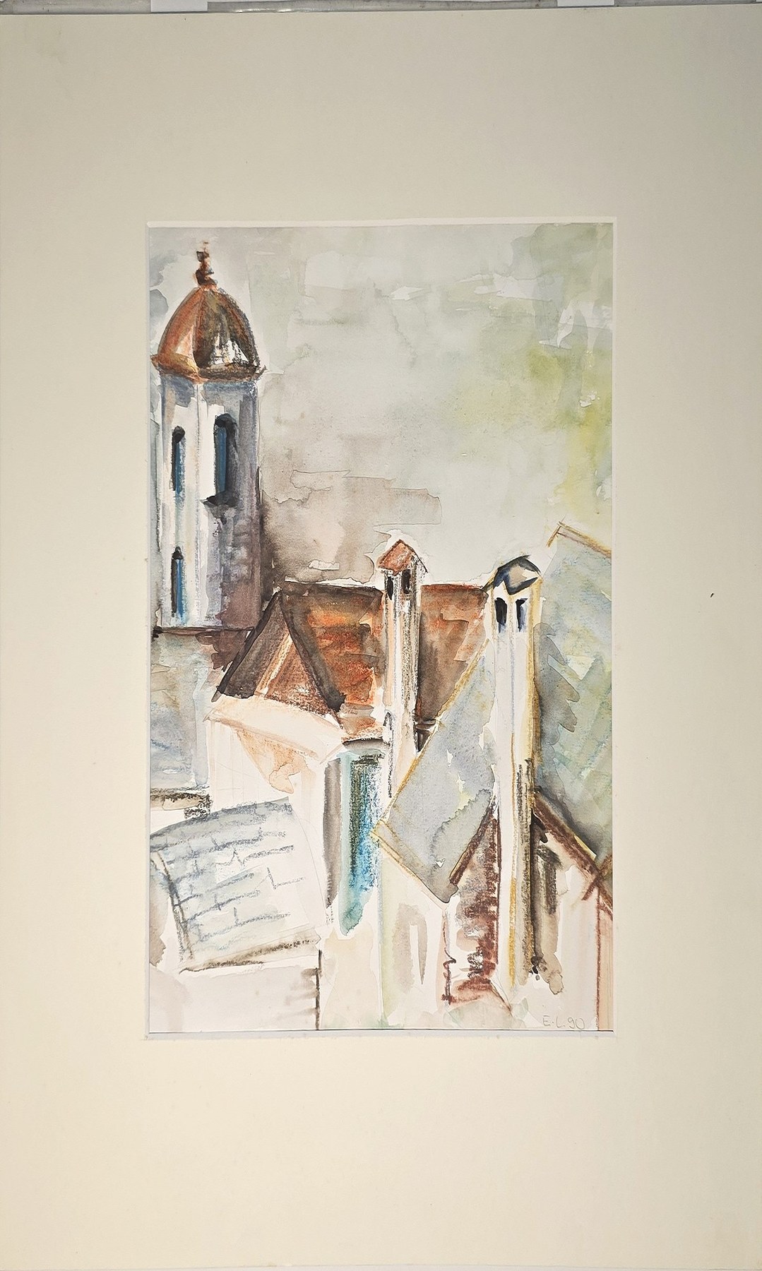 Aquarell mit Kirchturm über eng stehenden Dächern