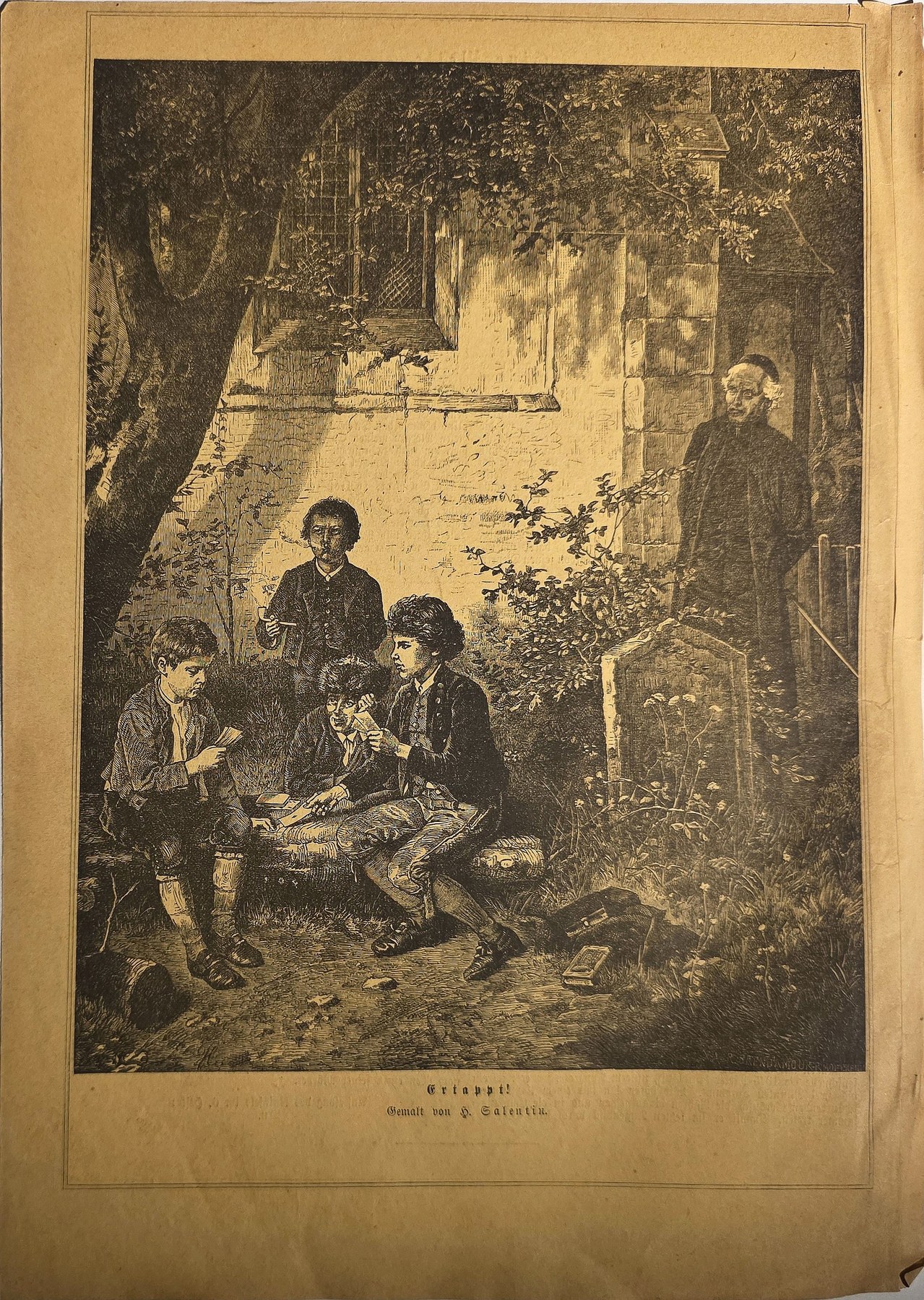 Abendliche Gruppe vor einem Haus im Garten