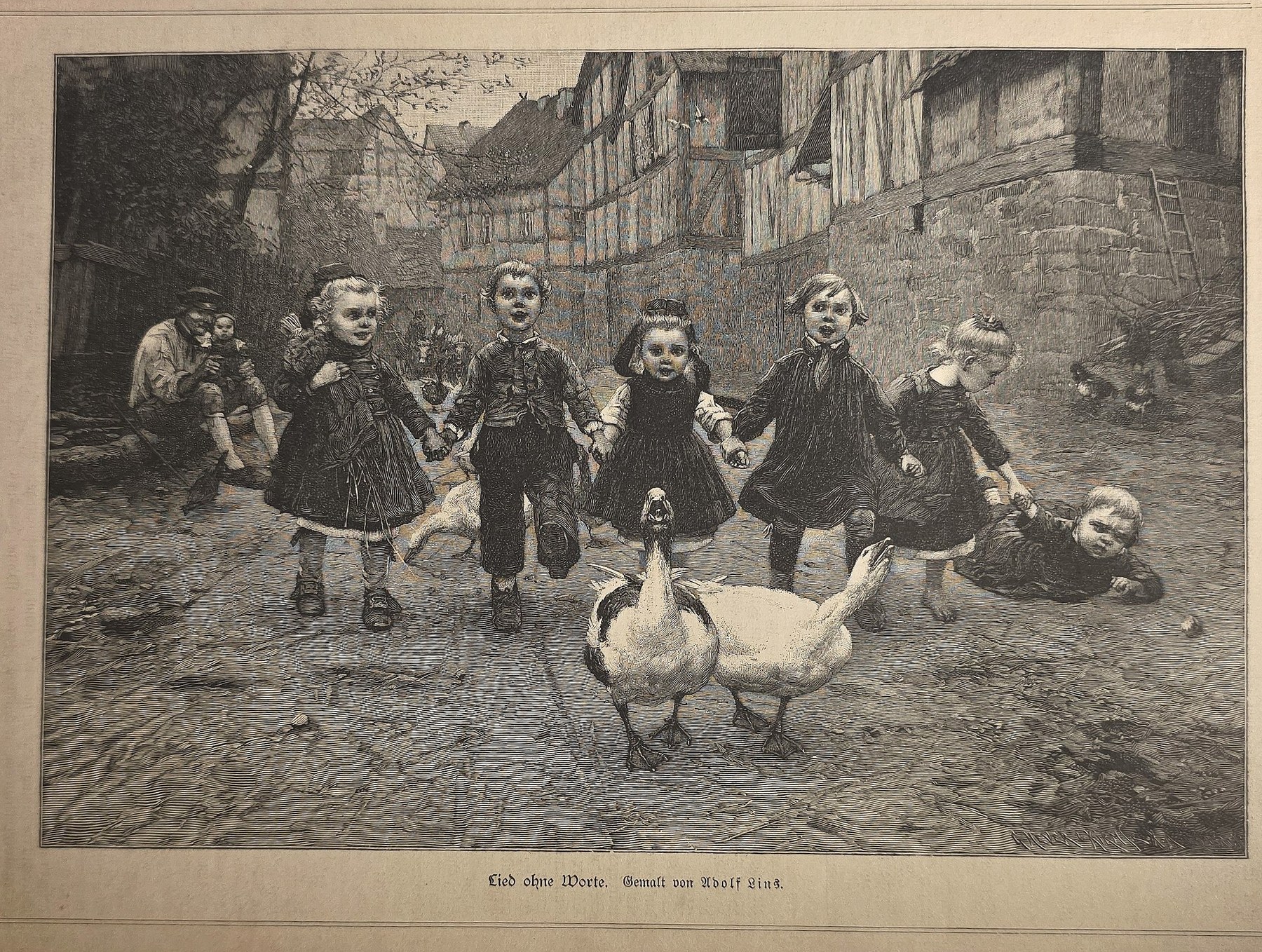 Kinder mit Gänsen auf dem Dorfweg