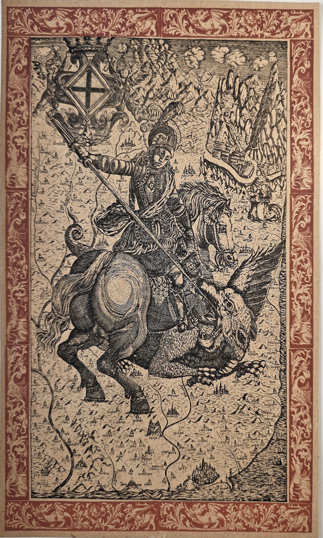 Historische figürliche Darstellung – Ritterliche Reiterszene in ornamentalem Rahmen