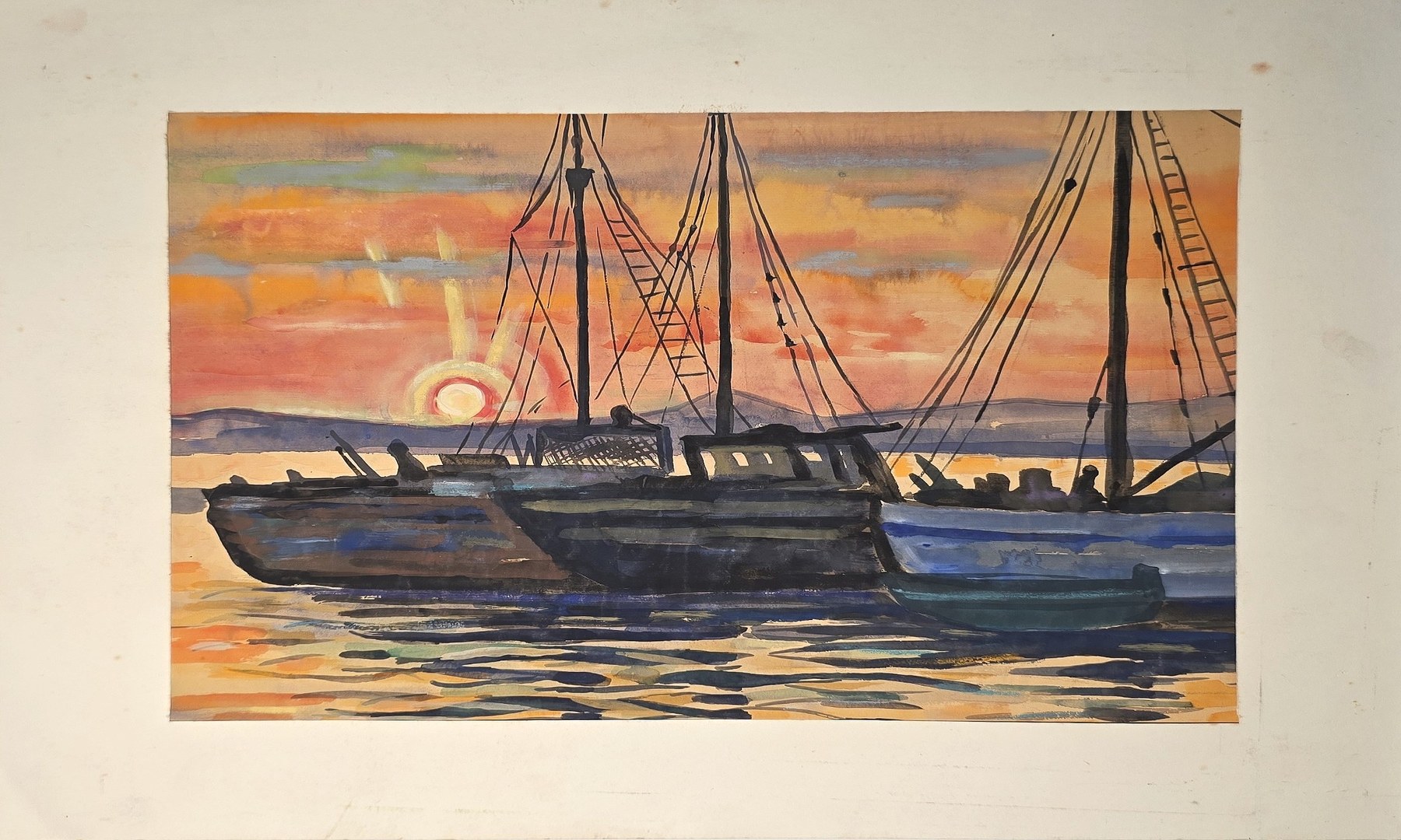 Aquarell mit Booten im rötlichen Sonnenuntergang