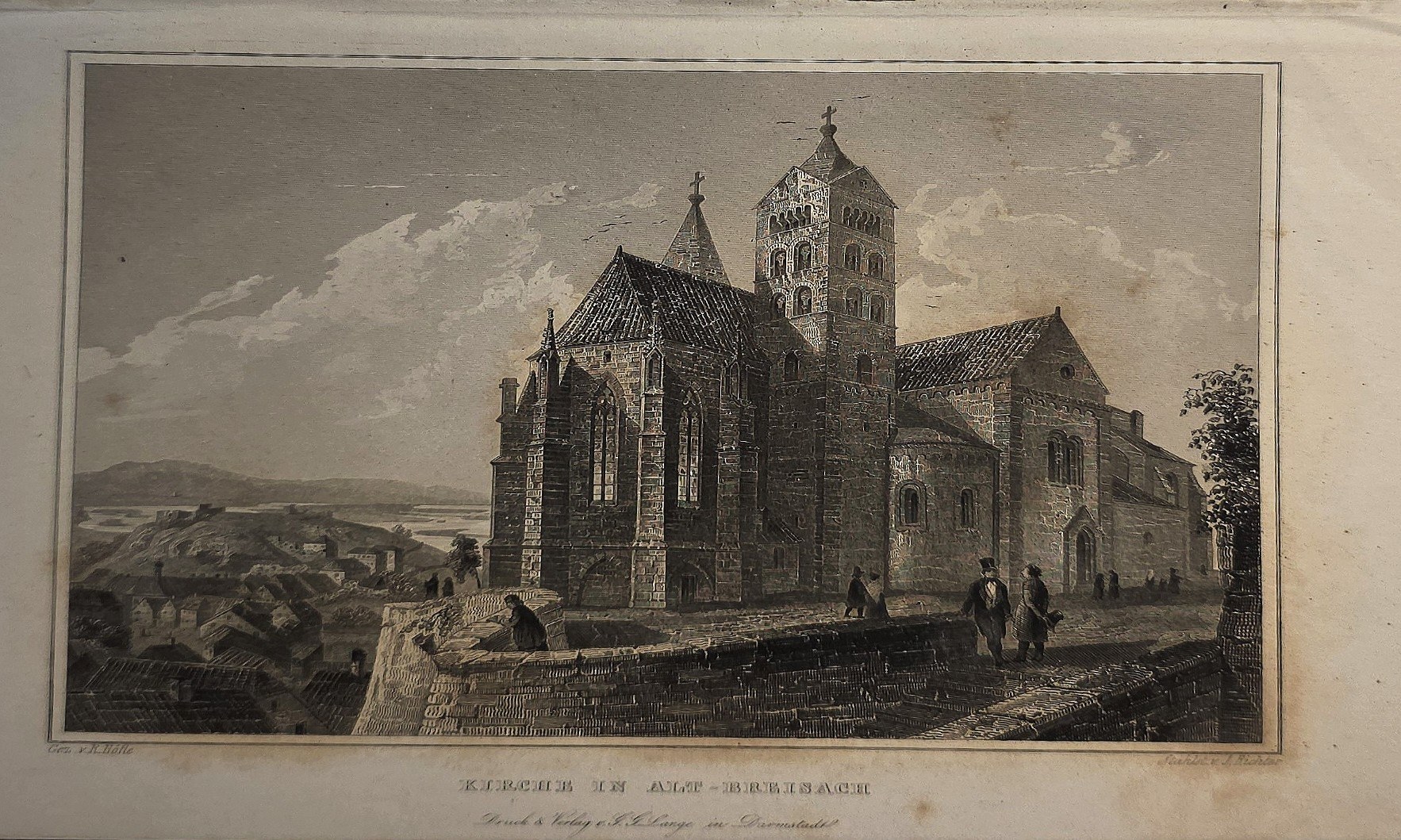 Sakrale historische Darstellung – Kirche auf Anhöhe mit kleinteiliger Umgebung