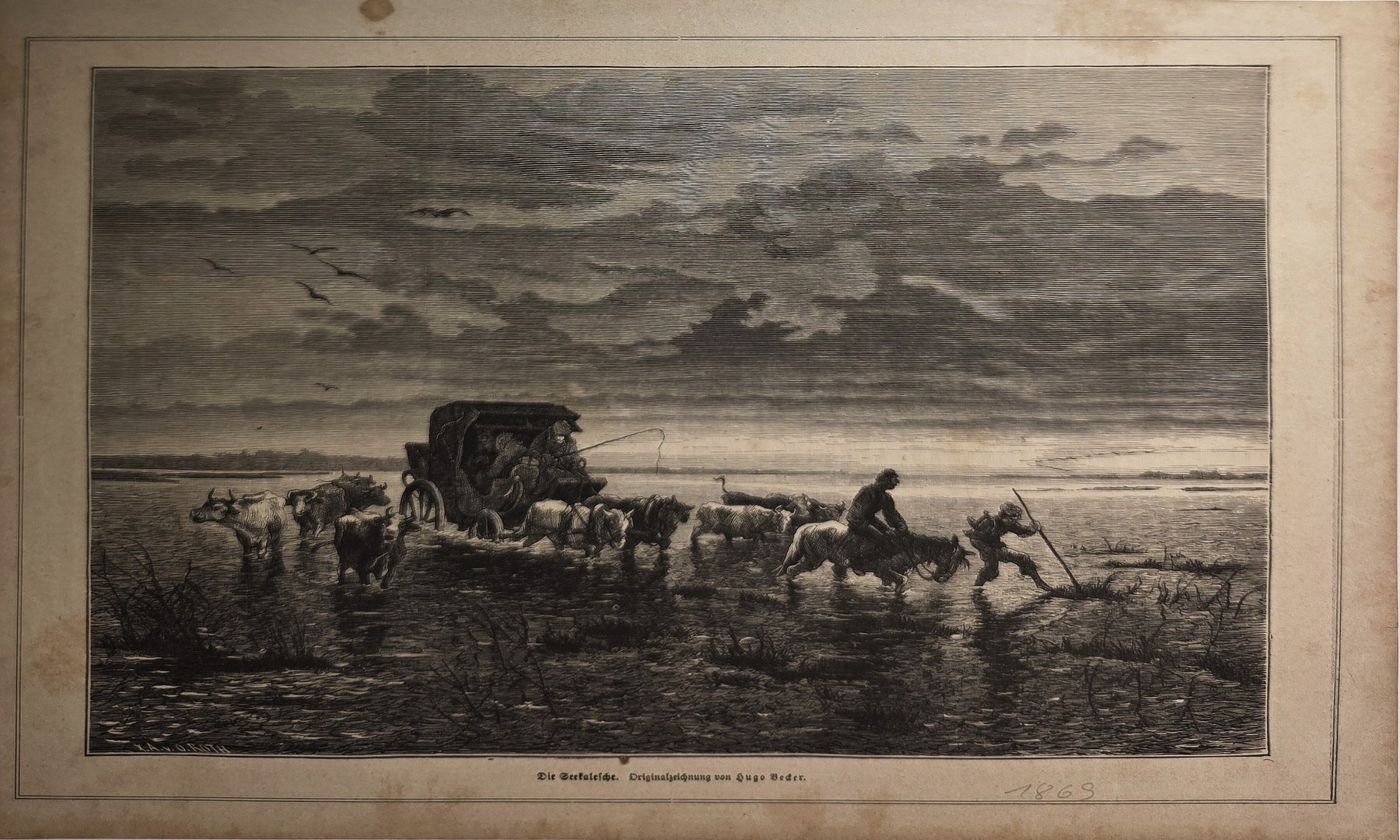 Historische Darstellung – Fuhrwerk in weiter Abendlandschaft