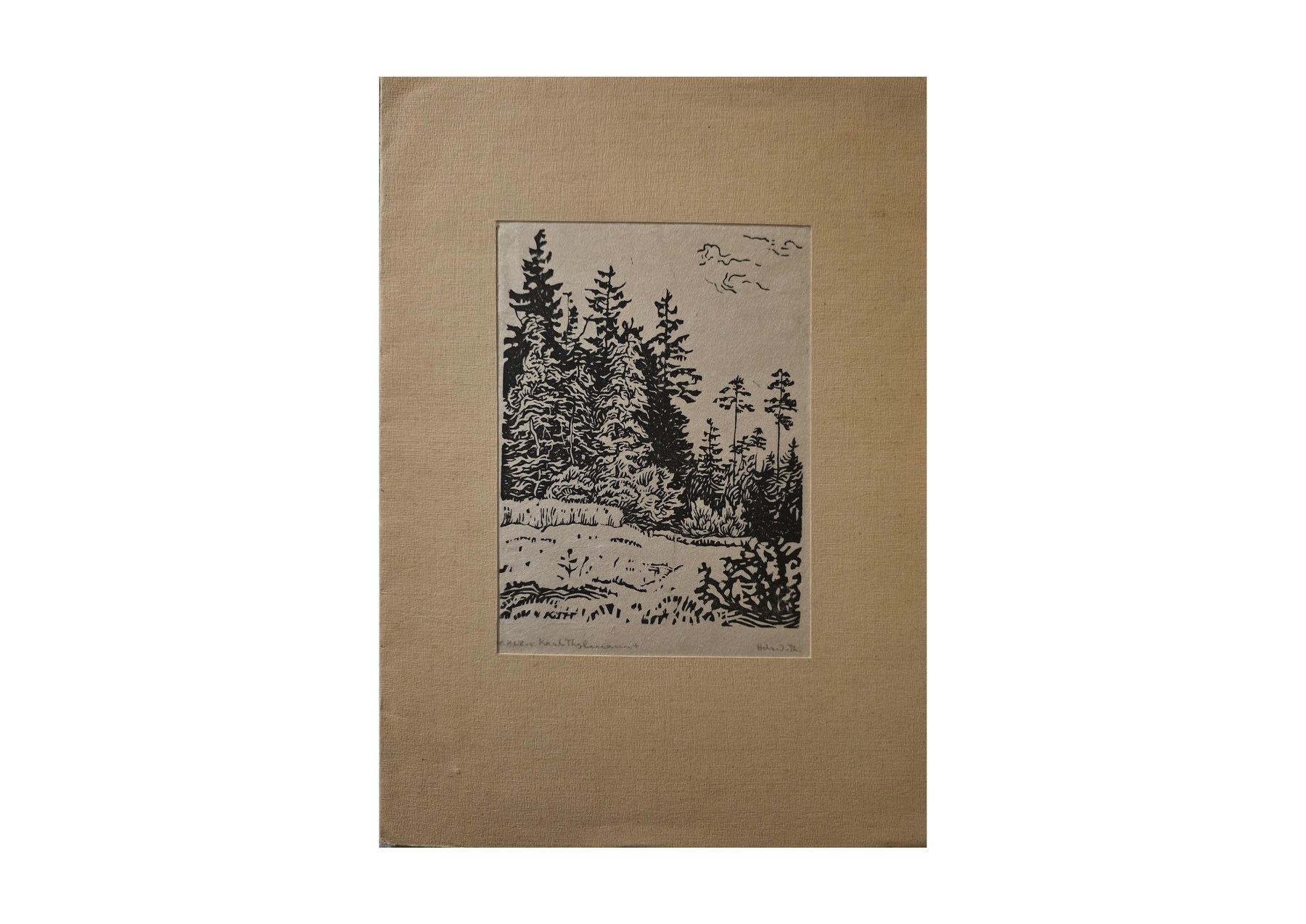 Kleine historische Wintergrafik mit Waldlandschaft