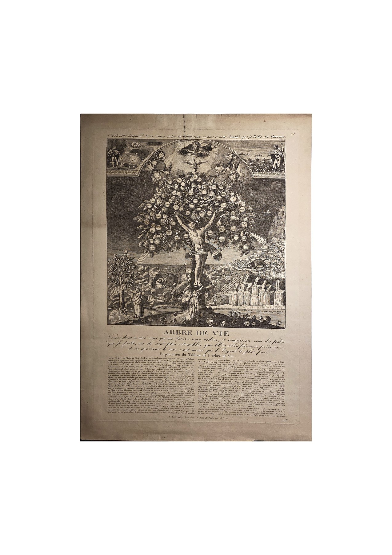 Religiöses Andachtsblatt mit Baum- und Figurenmotiv