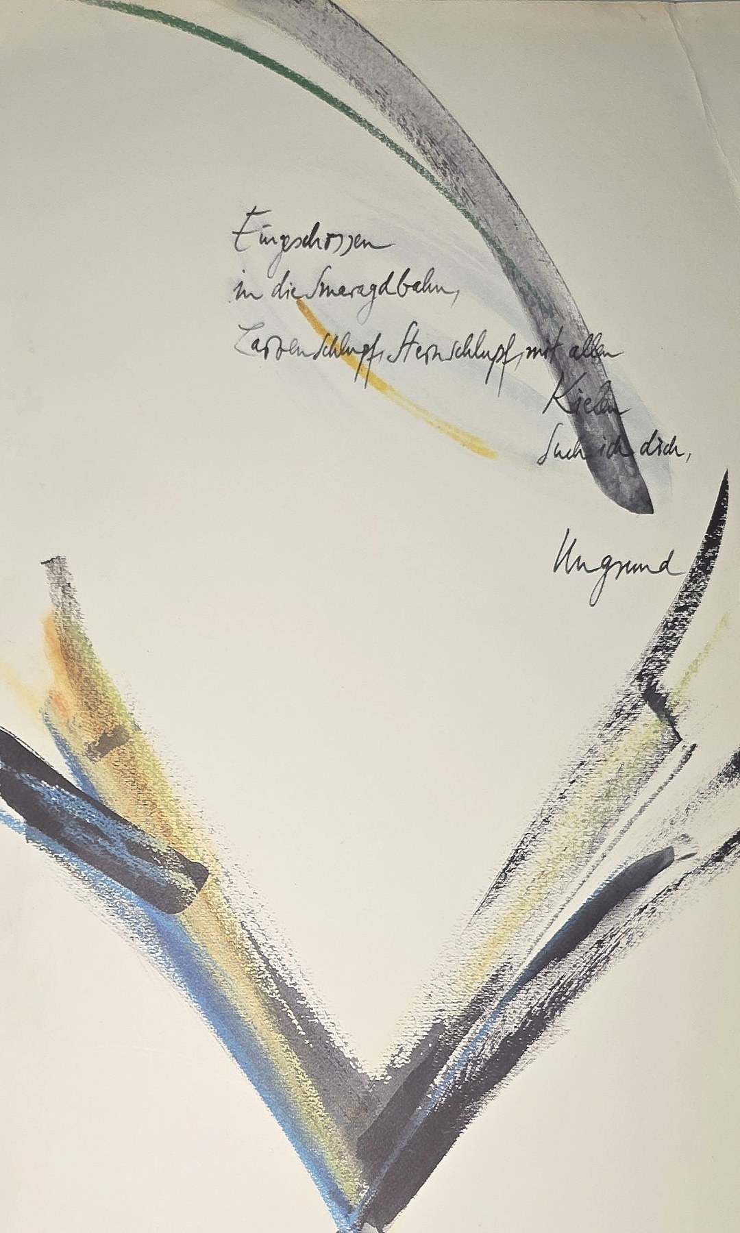 Abstrakte Grafik mit geschwungenen Farbbahnen und Schrift