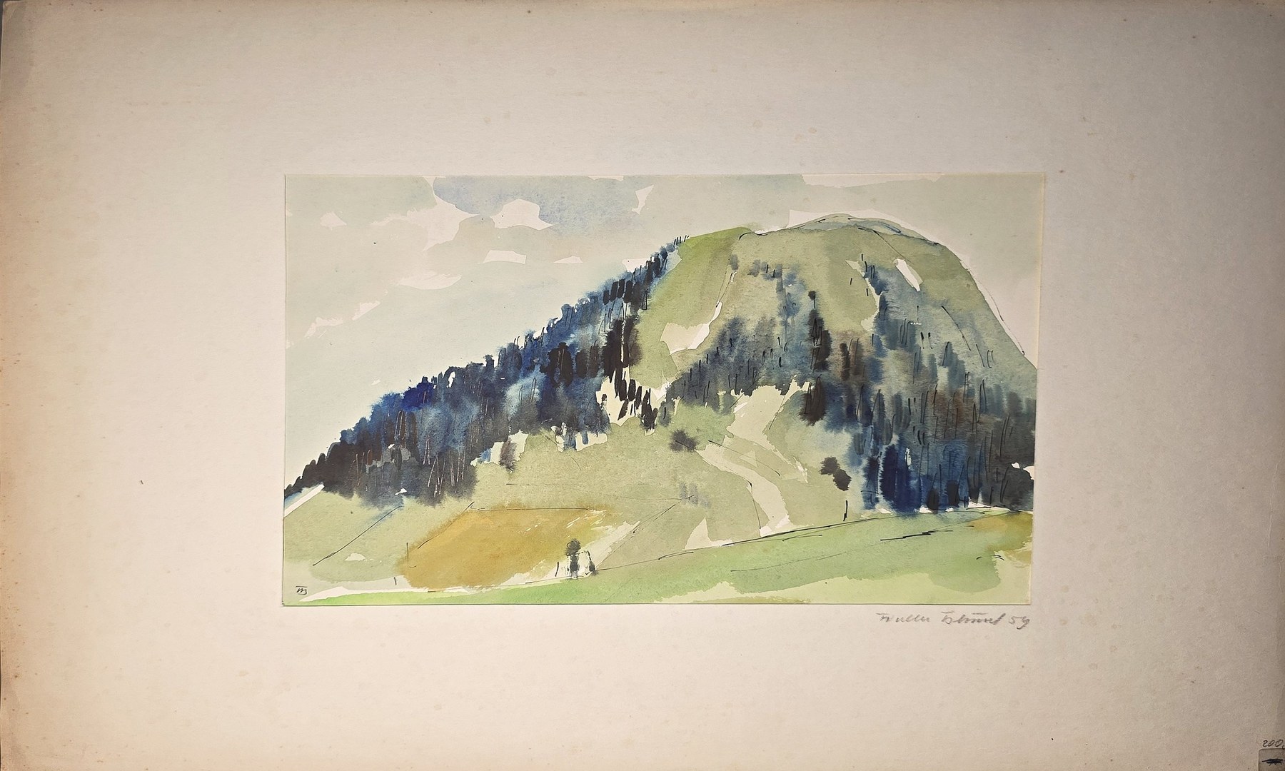 Aquarell mit grünem Berg und dunklem Waldstreifen