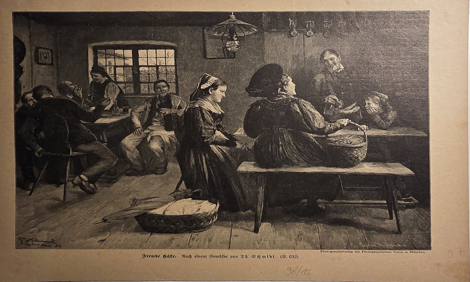 Historische figürliche Darstellung – Frauen bei gemeinsamer Arbeit an einer großen Schüssel