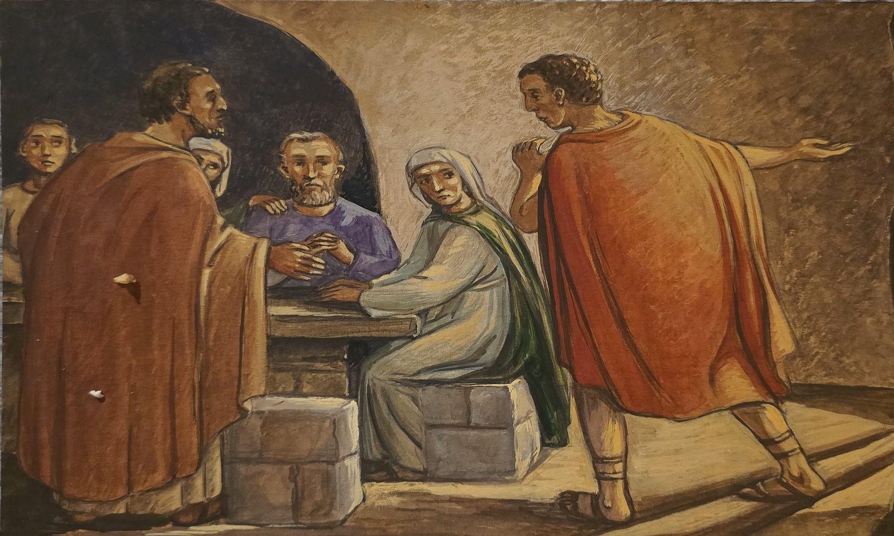 Farbig erzählte Grafik mit Gespräch am Brunnen