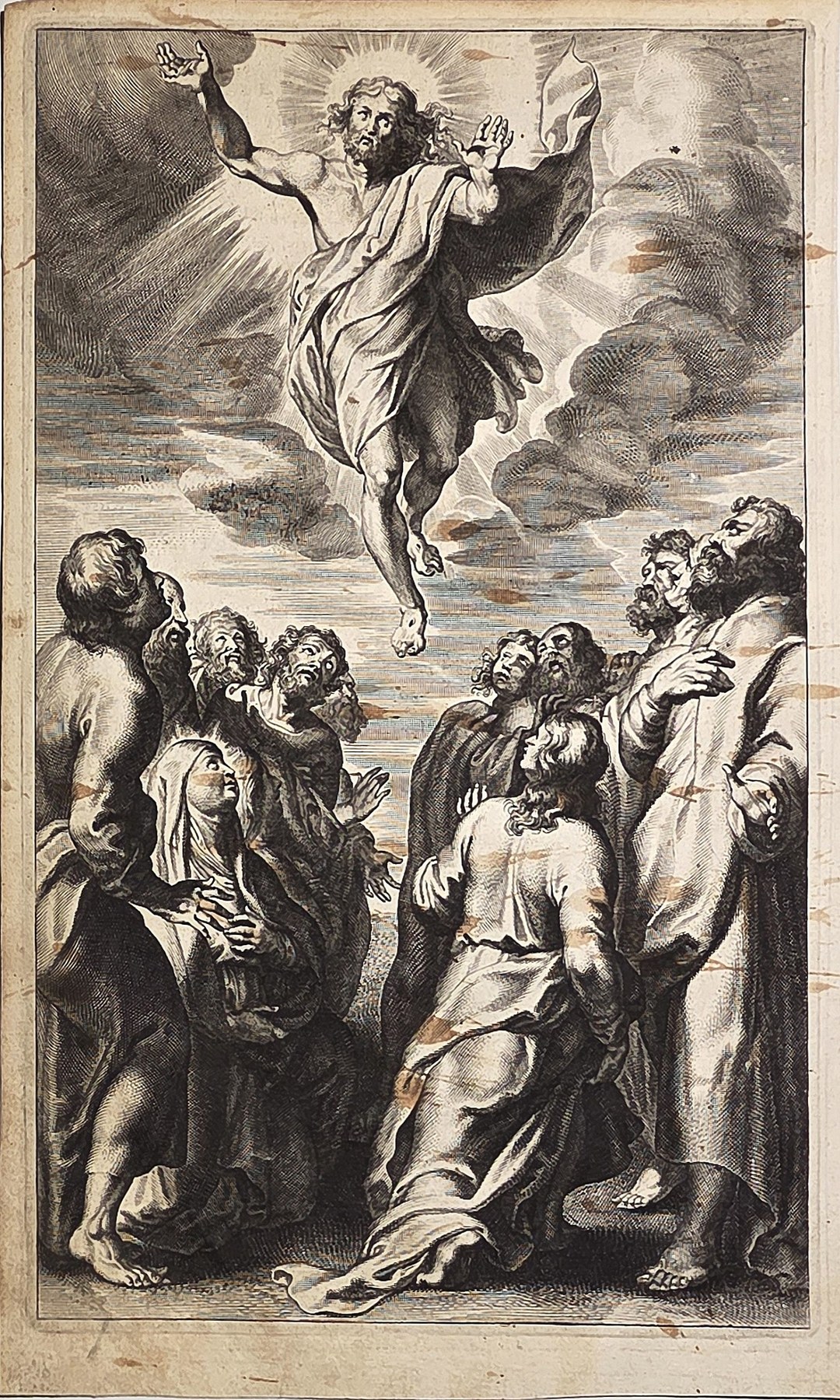 Schwebender Christus über kniender Gruppe