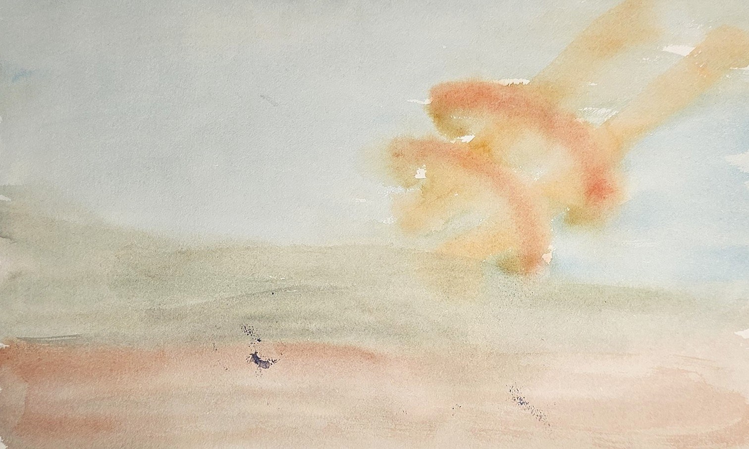 Aquarell in heller Abstraktion mit orangefarbenen Wolkenspuren