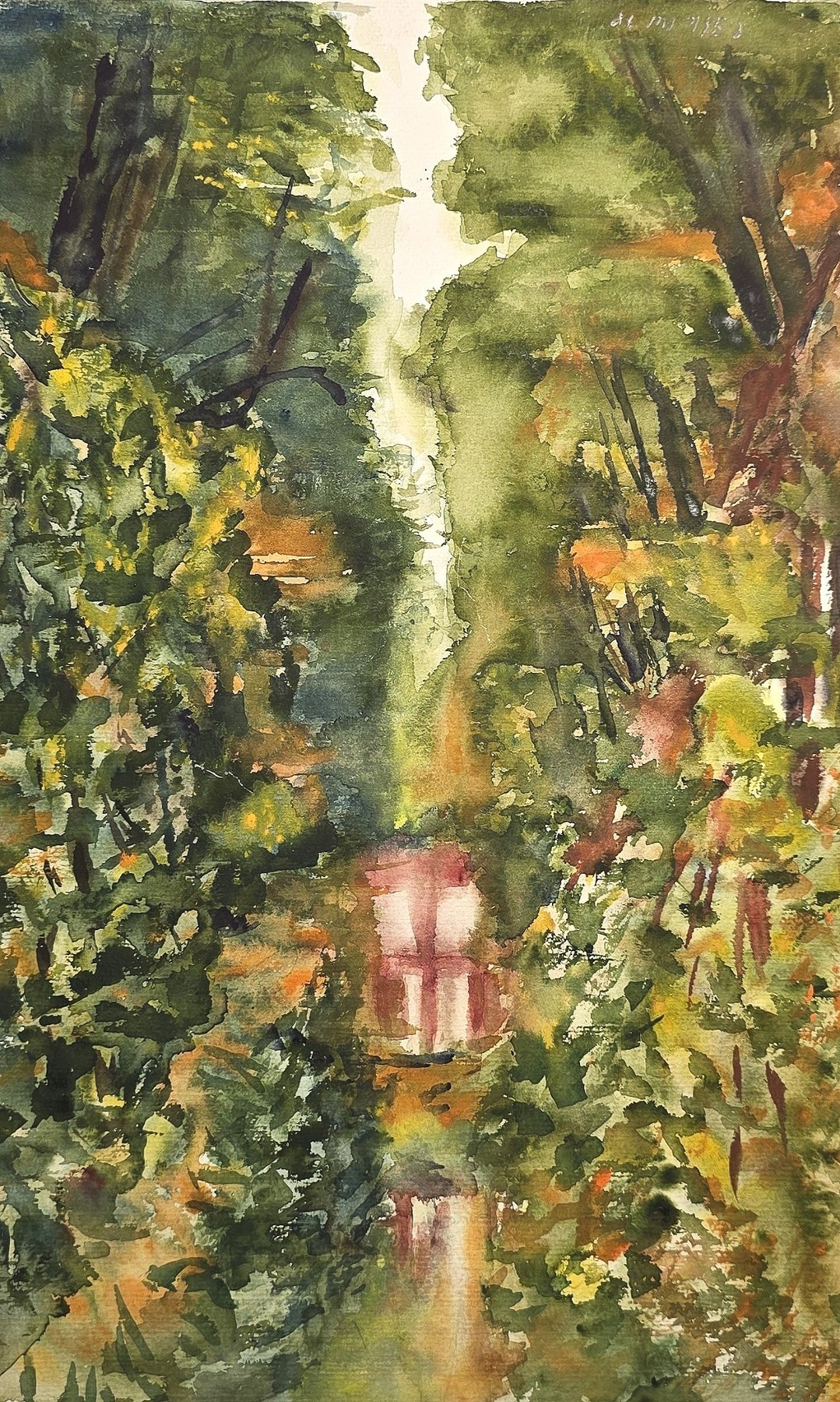 Aquarell mit dichtem Waldweg im Herbstlicht