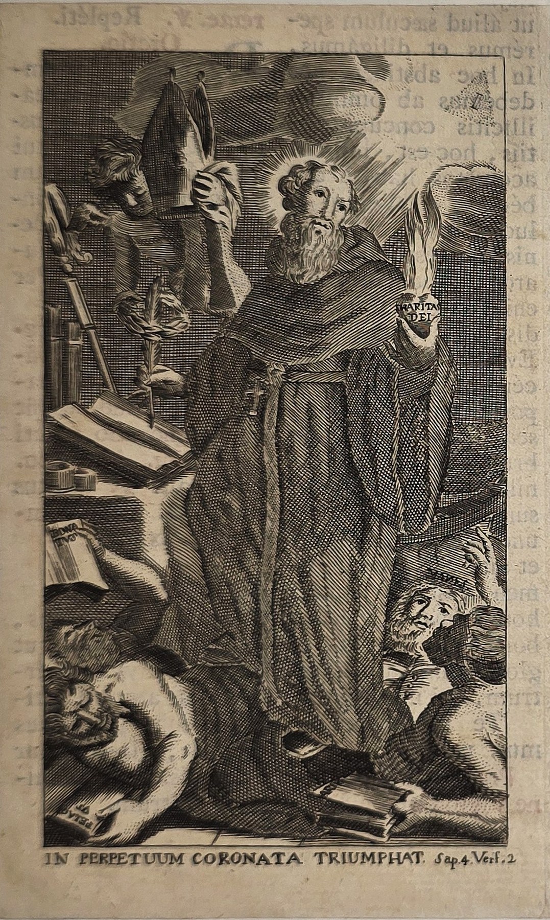 Mönchsfigur mit Buch, Krone und Begleitszenen