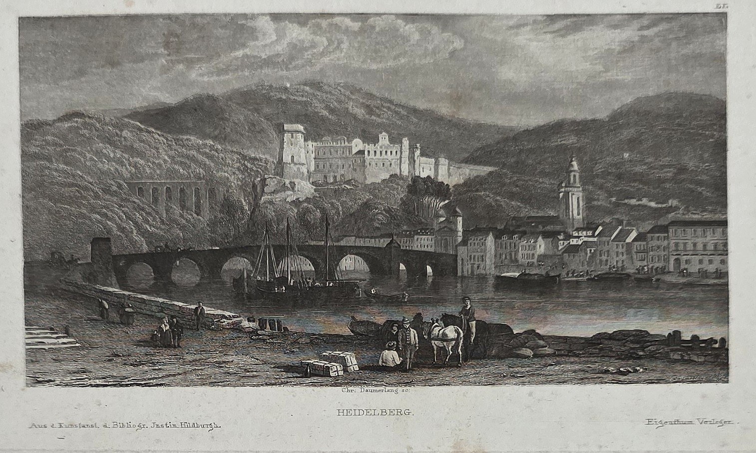 Flussstadt mit Steinbrücke und Höhenzug