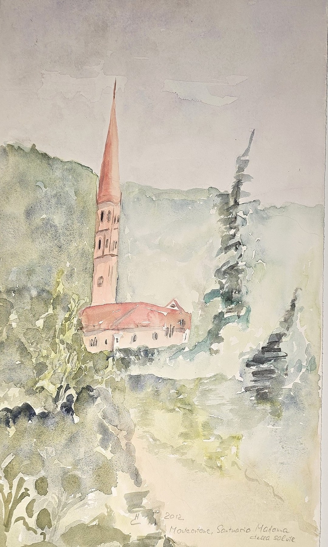 Aquarell mit Kirche zwischen Bäumen