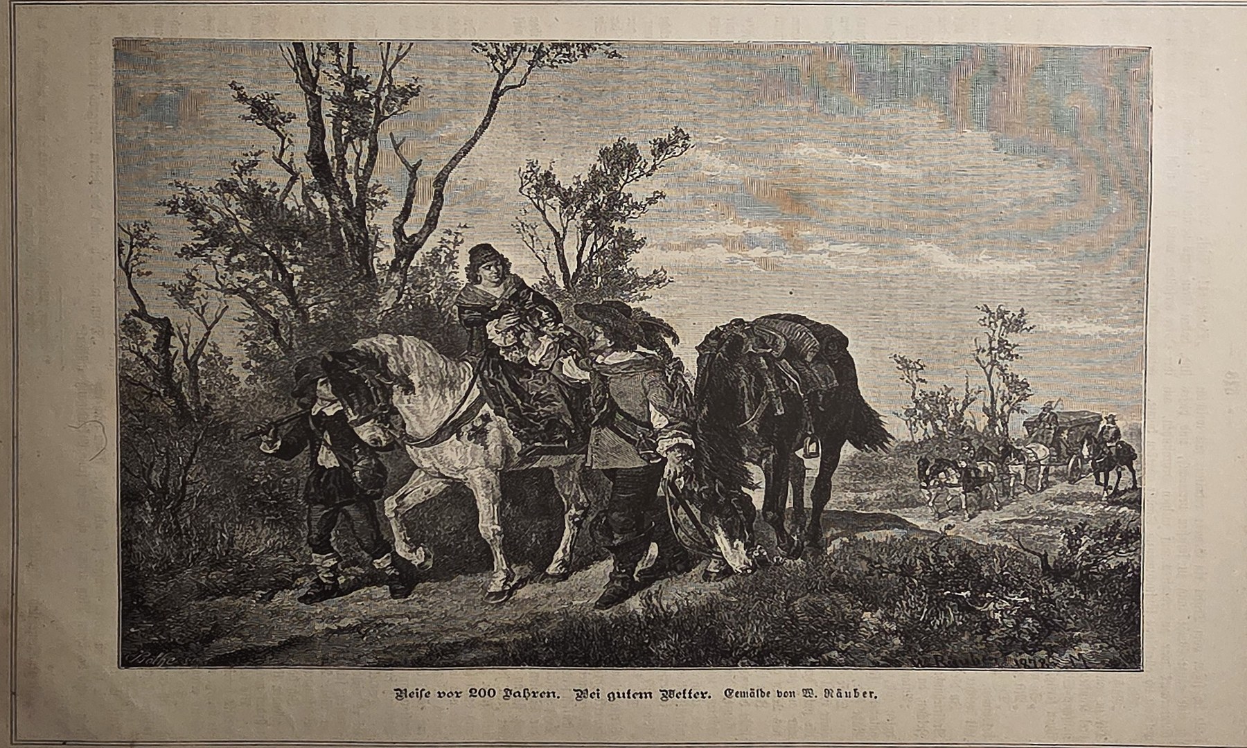 Historische Darstellung – Reisende mit Packtier auf einem Feldweg