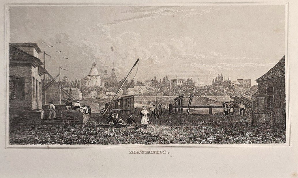 Stadtansicht mit Hafenbetrieb und Kränen