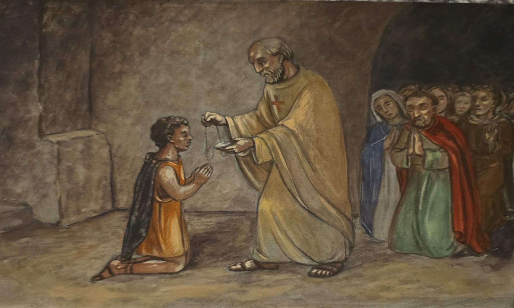 Feierliche farbige Grafik mit kniender Figur