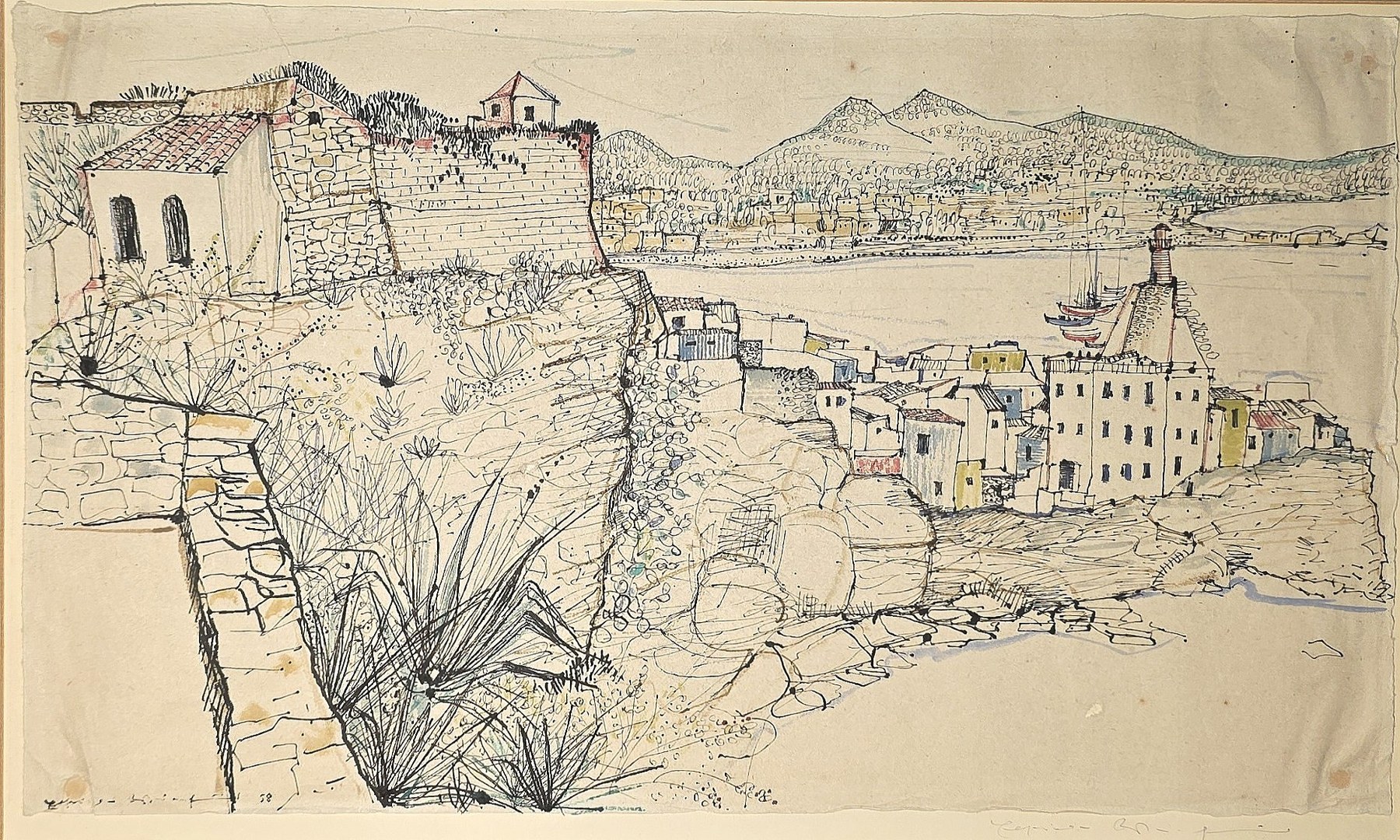 Aquarell mit Hangstadt und weiter Bucht