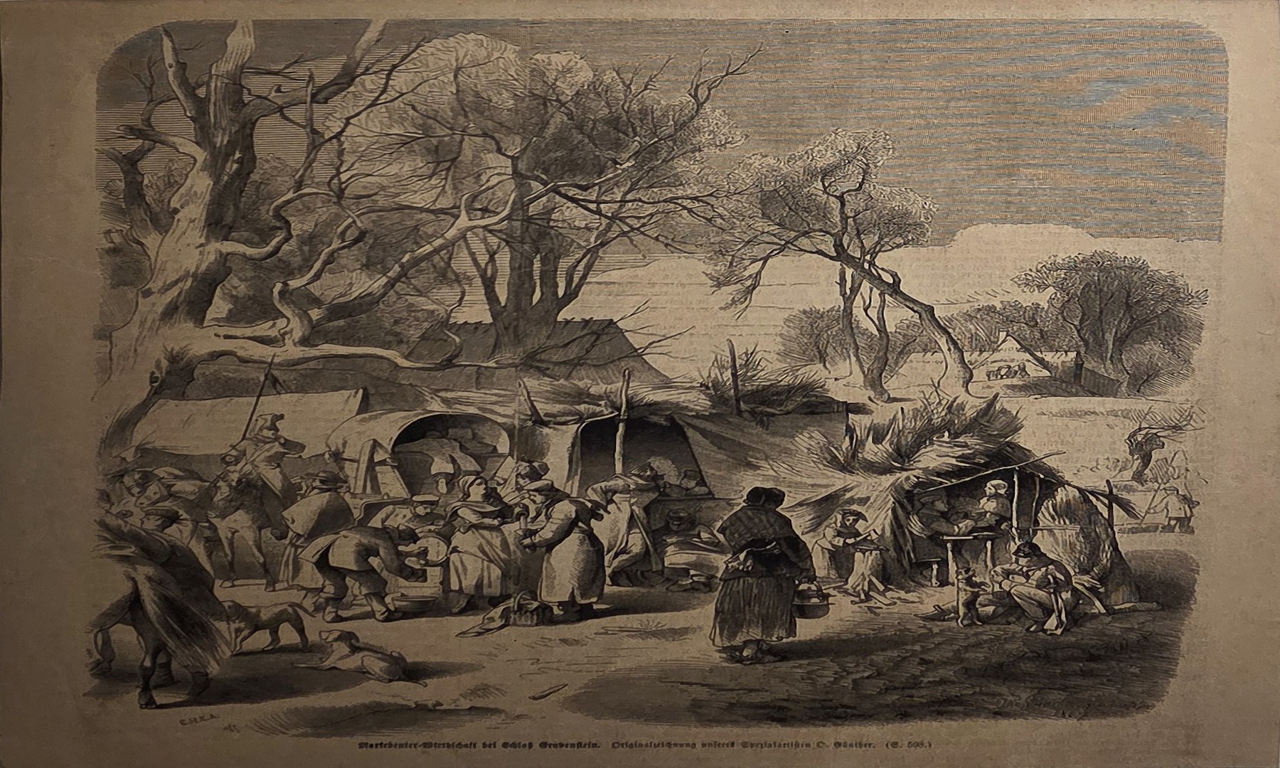 Tiergruppe in winterlicher Landschaft unter kahlen Bäumen