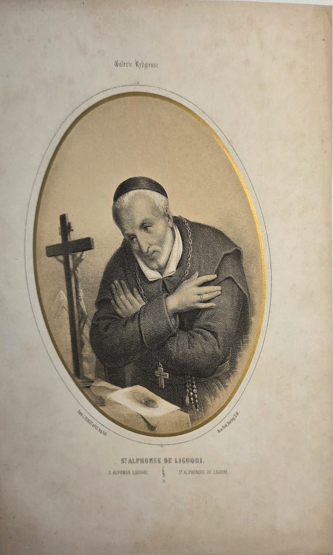 Ovale mit Ordensmann vor Kreuz und Buch