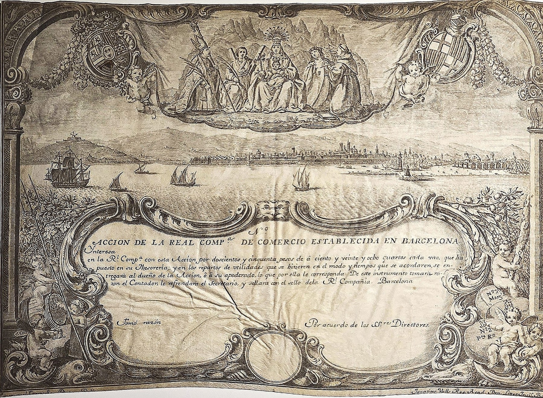 Historische Landschaftsdarstellung – Ornamentaler mit Küstenpanorama und großem Schriftfeld