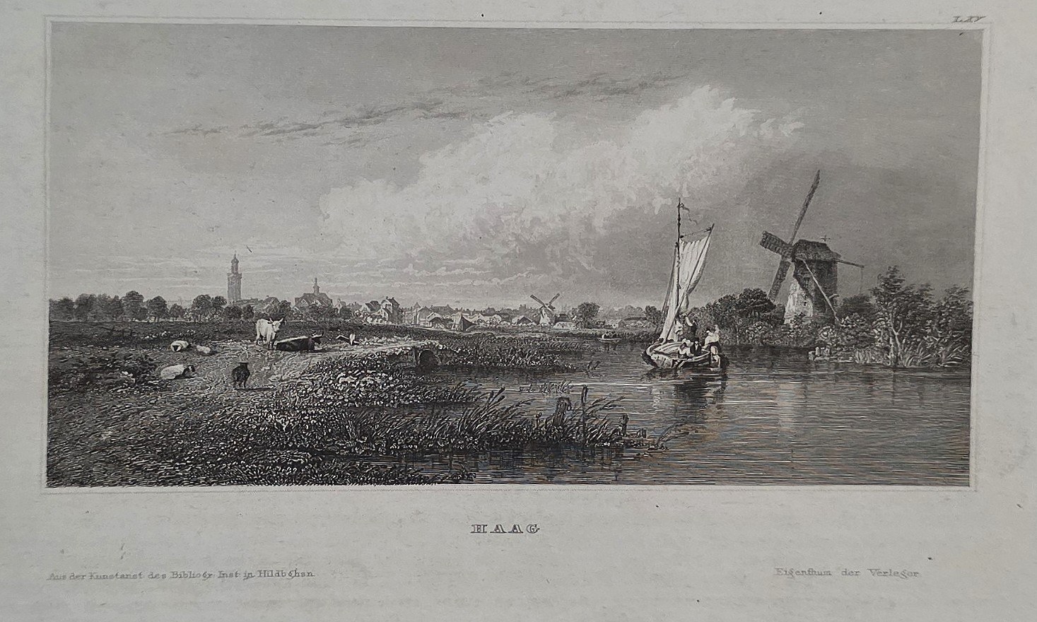 Flussufer mit Windmühle und Segelbooten