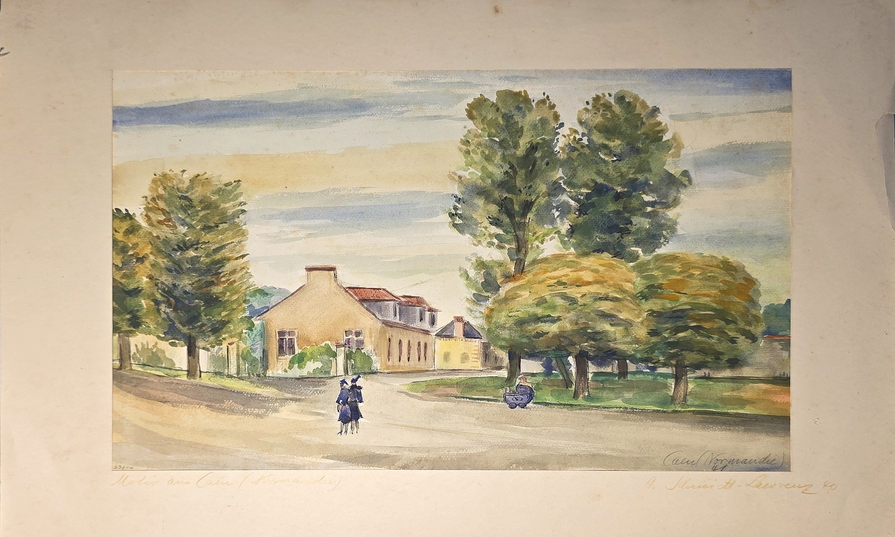 Aquarell mit Dorfplatz, Bäumen und einzelnen Figuren
