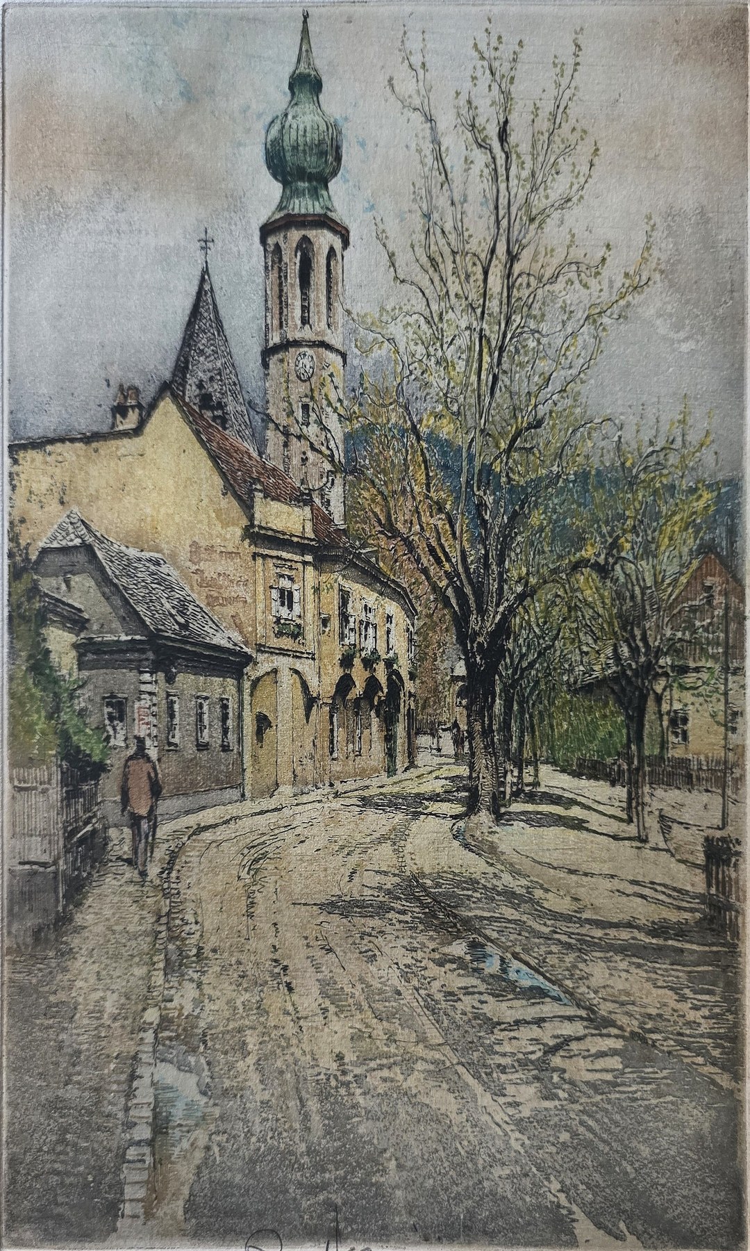Sakrale historische Darstellung – Straßenszene mit Kirche und Bäumen
