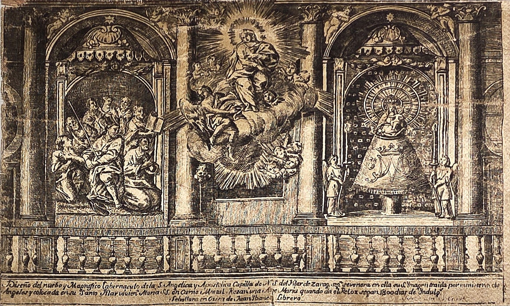 Sakrale historische Darstellung – Dreiteilige Altardarstellung mit Figuren und Inschrift