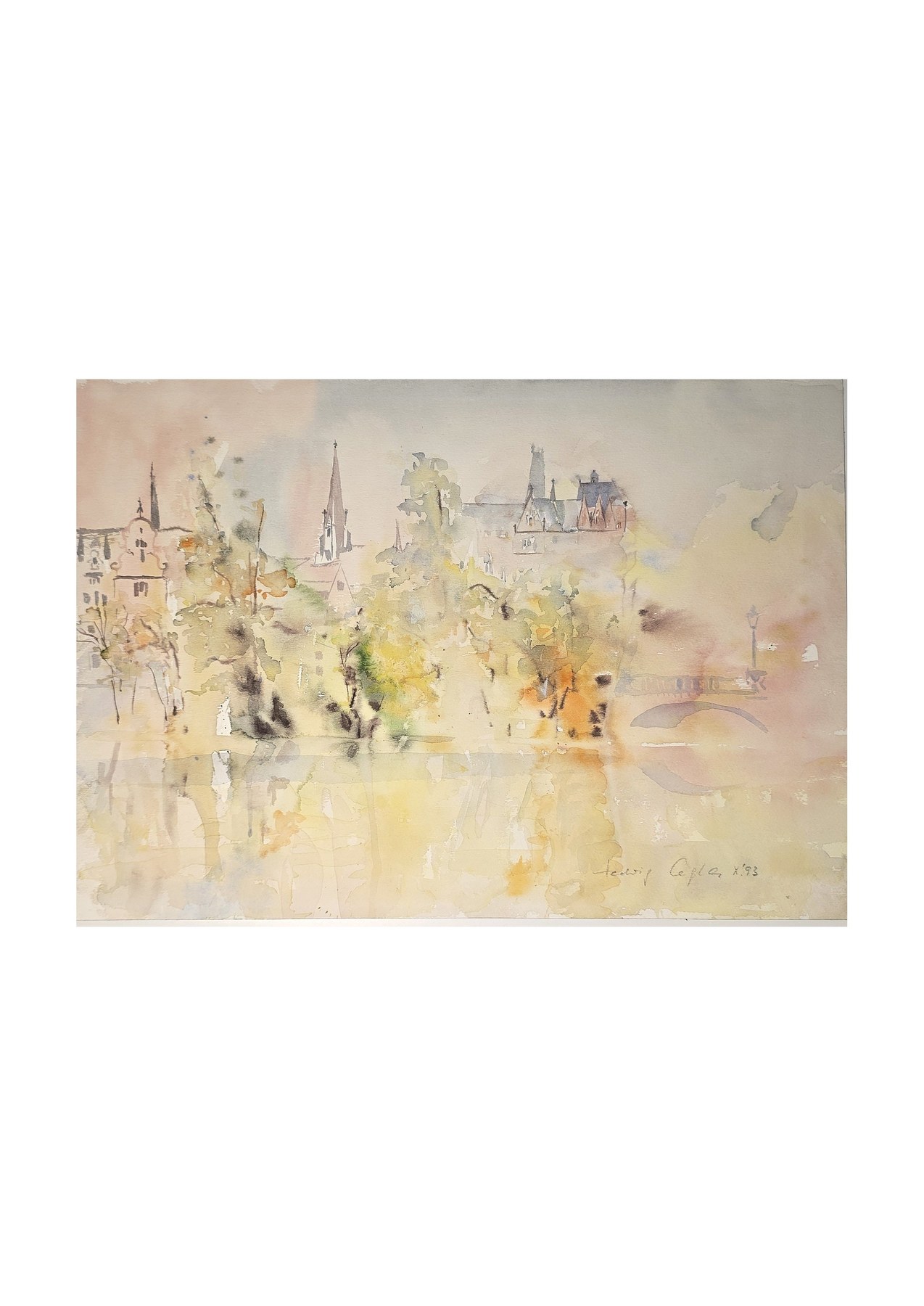 Aquarell mit heller Stadtsilhouette im Spiegellicht