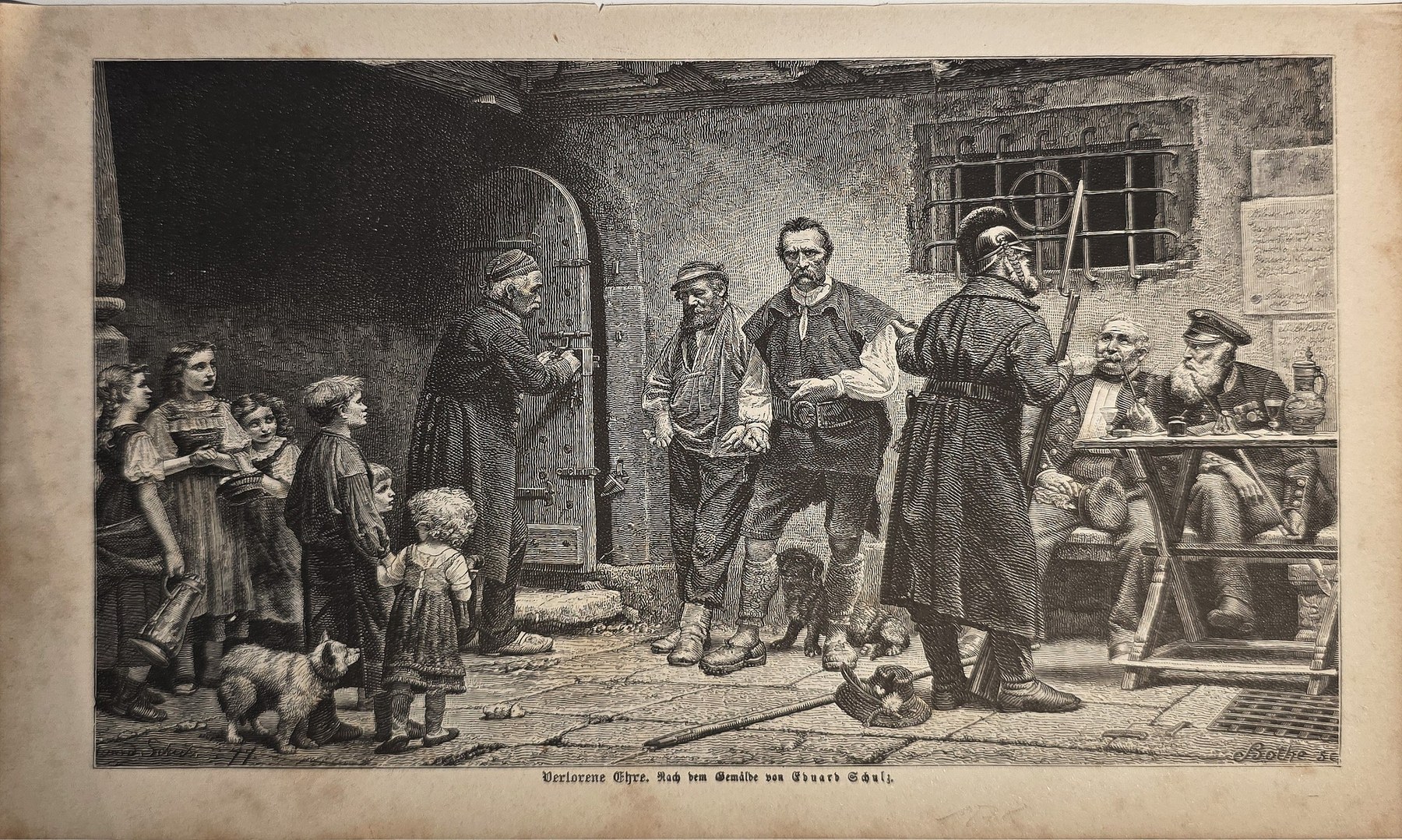Historische figürliche Darstellung – Hofszene mit wartenden Personen