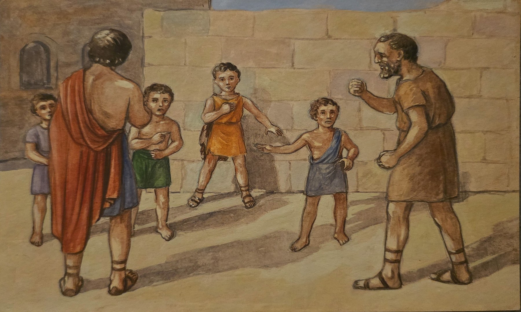 Historische figürliche Darstellung – Farbig erzählte Grafik mit Kindern und älterem Mann