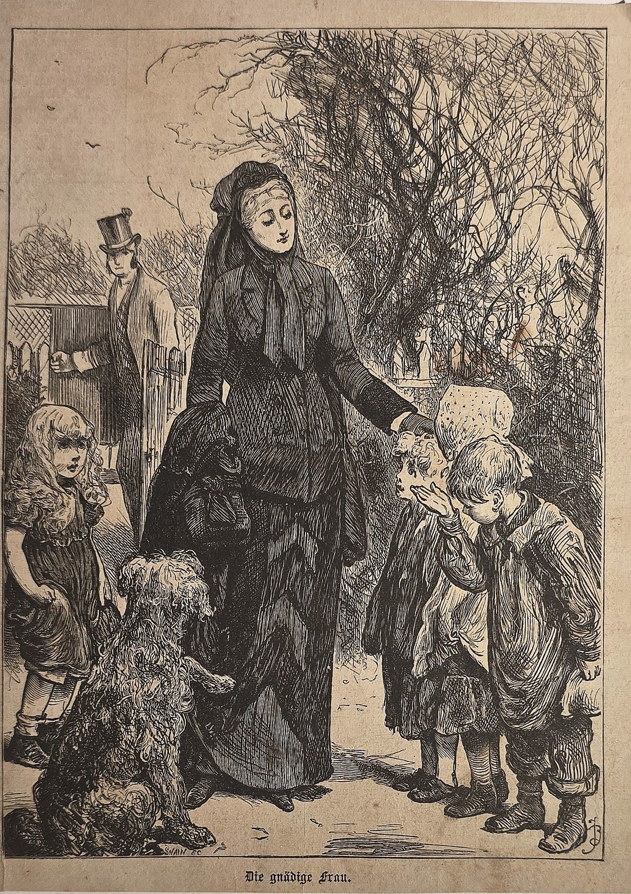 Frau mit Kindern auf winterlichem Weg