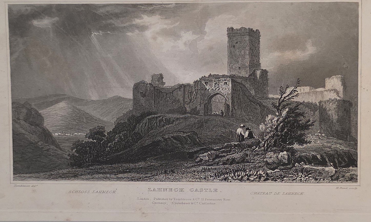 Historische Architekturdarstellung – Burgruine auf Felsen im Gewitterlicht