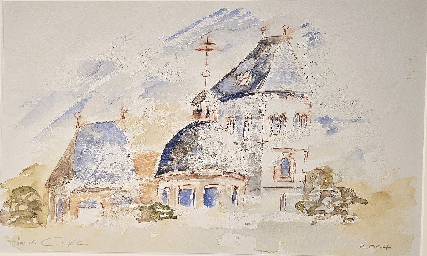 Aquarell mit Kirchenbau und geschwungenen Dächern