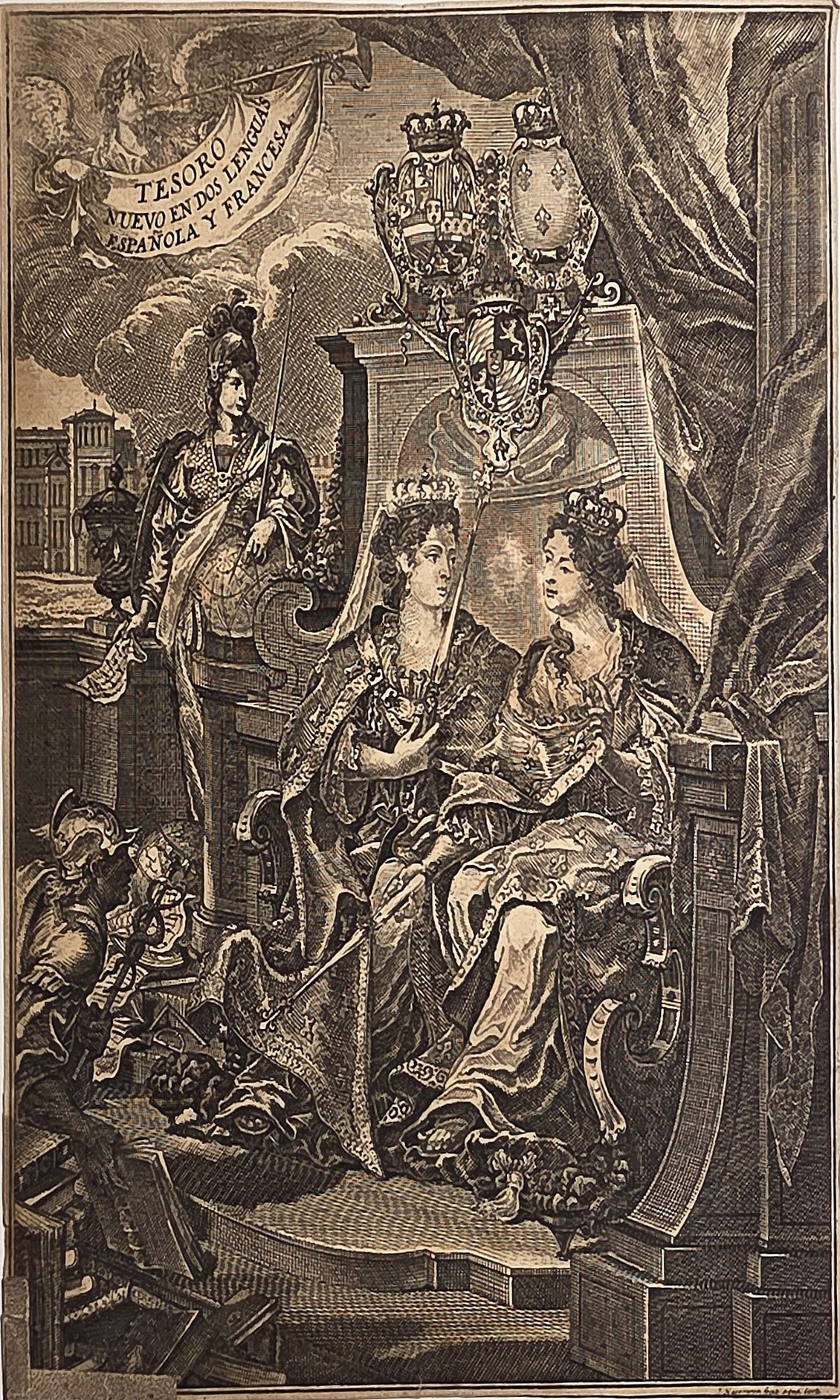Allegorische Herrscherszene mit Thron und Wappen