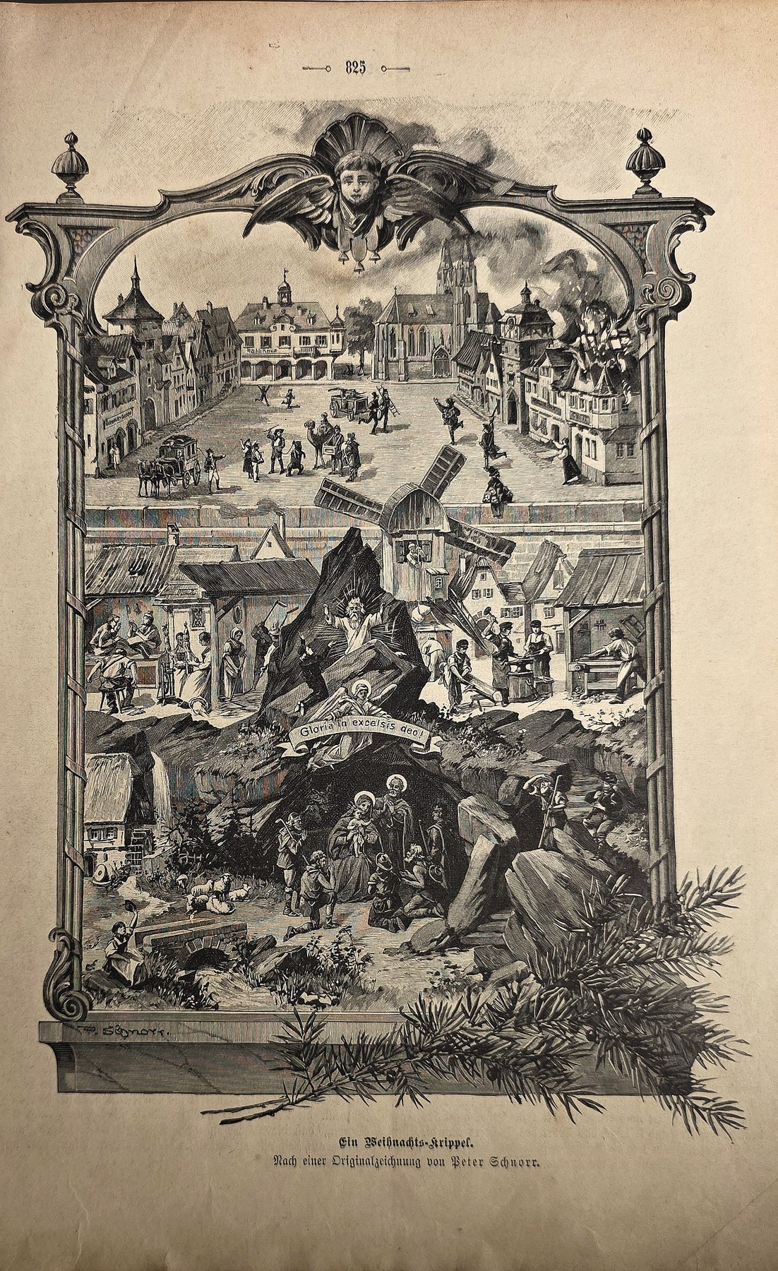 Ornamental gerahmte Stadt- und Alltagsszenen
