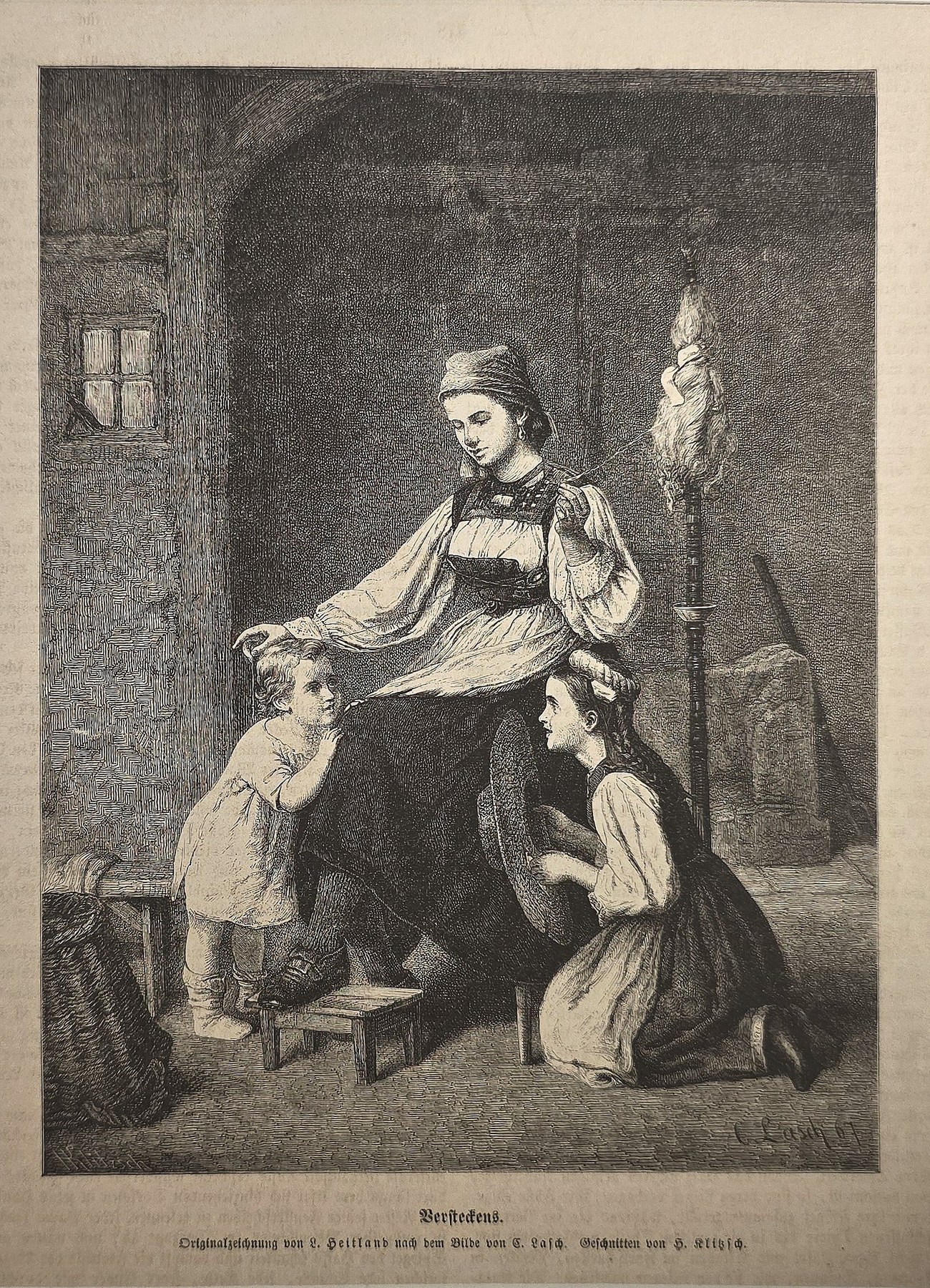Frau mit Kindern im dunklen Innenraum