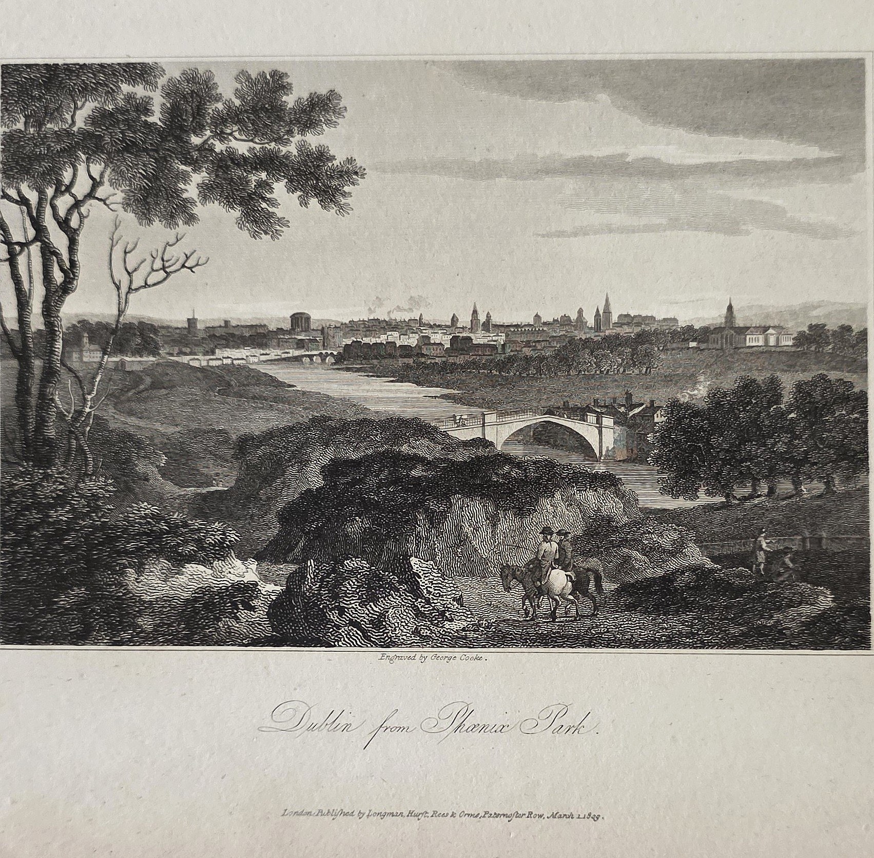 Historische Architekturdarstellung – Landschaftsblick über Fluss und Brücken