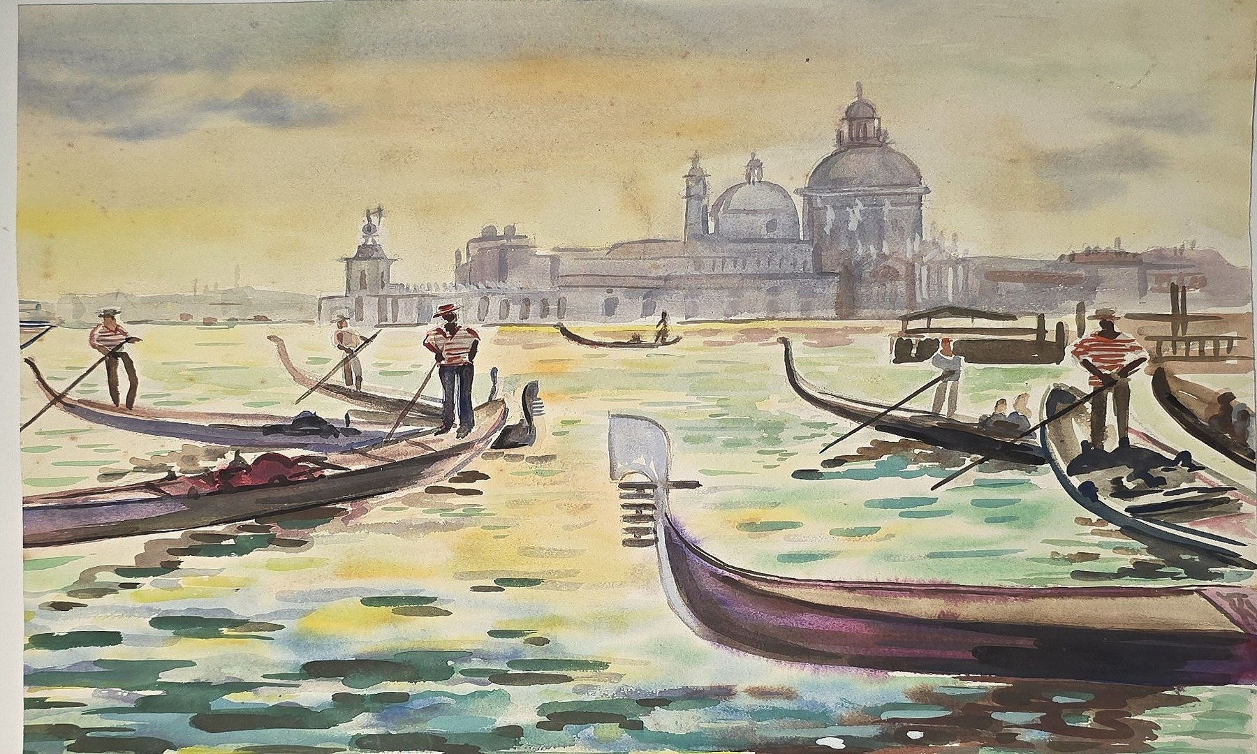 Aquarell mit Gondeln vor monumentaler Uferarchitektur