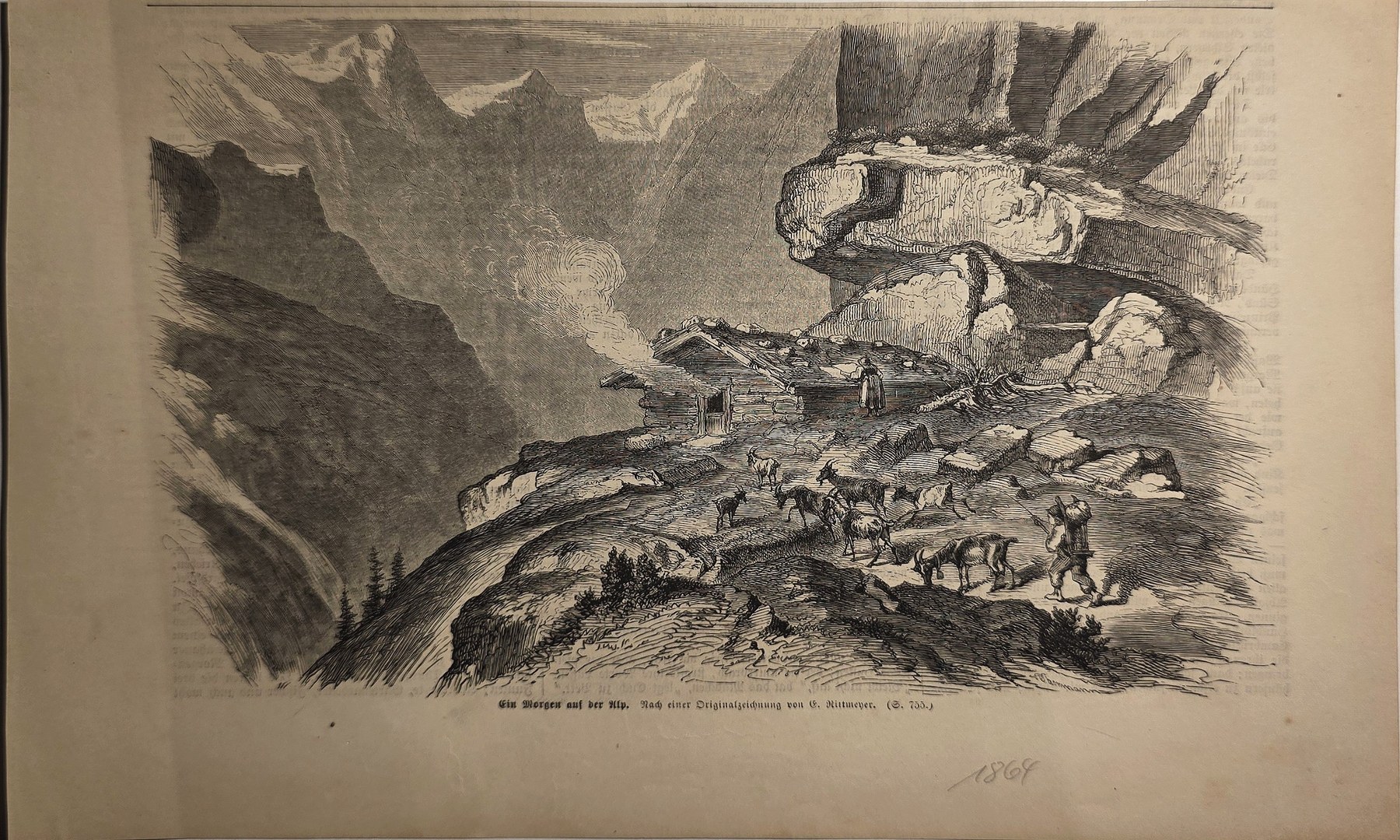 Historische Darstellung – Gebirgspfad mit Felsen und kleiner Ansiedlung