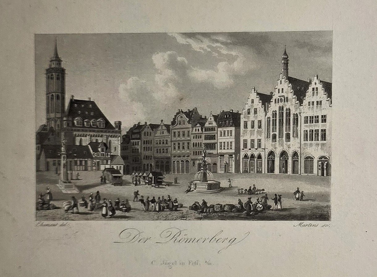 Historische Ortsdarstellung – Der Römerberg – fein ausgeführte Stadtansicht als