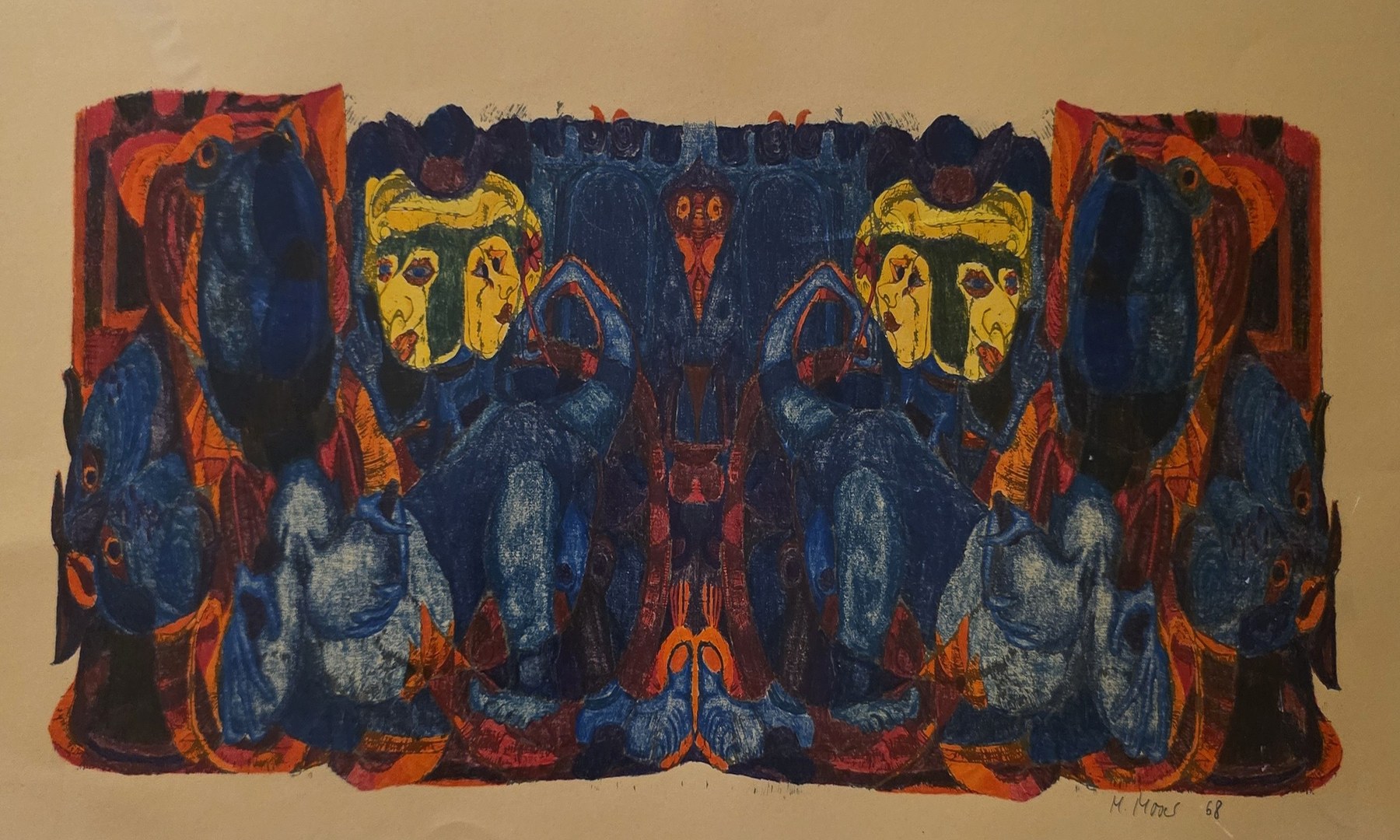 Expressive farbige Grafik mit maskenhaften Formen